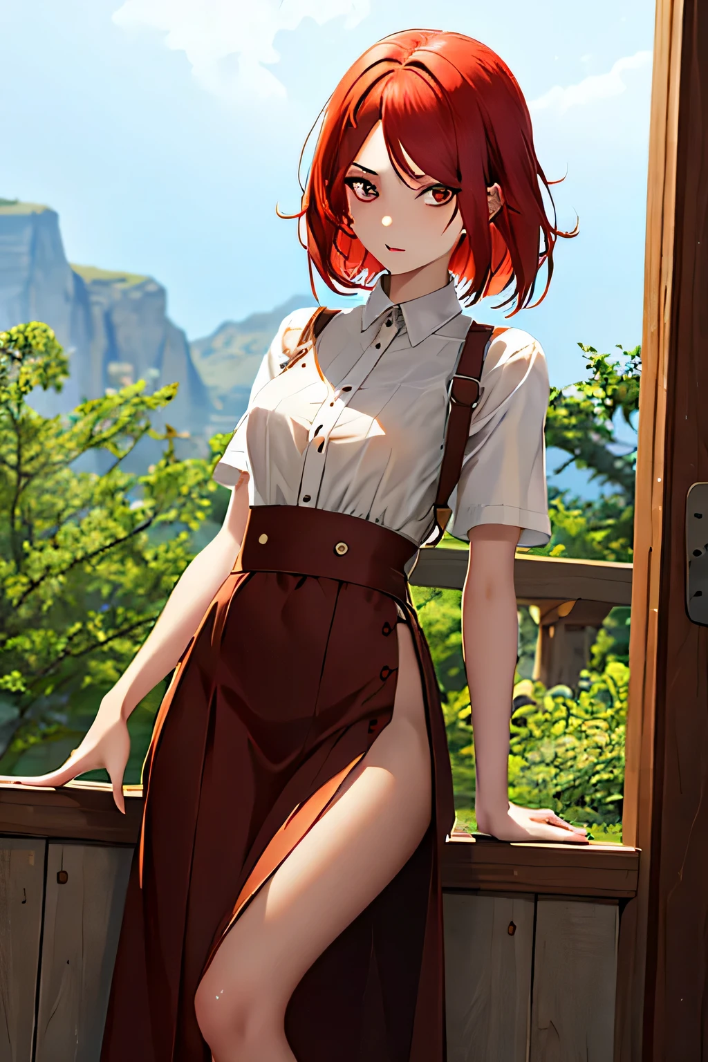 best quality, masterpiece, (actual: 1.2), 1 girl, slim girl, Red hair, brown eyes, front, Detailed face, beautiful eyes, brown eyes, big eyes, small breasts, Split, long skirt