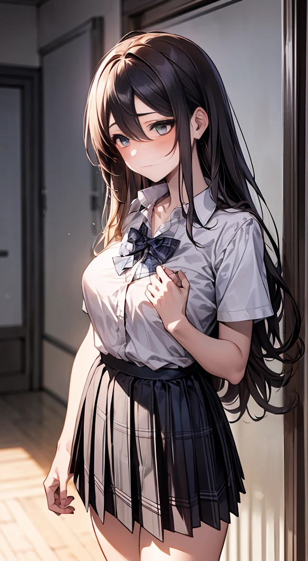 (masterpiece:1.2, top quality), (actual, photoactual:1.4), Beautiful illustration, 
looking at the audience, whole body, Front view:0.6, 
1 girl, Japanese, high School girl, (long hair:1.5), blow dry hair, (half, halfdo), Bangs, hair between eyes,Extra large breasts beautiful hair, pretty face, Beautiful and delicate eyes, Beautifulcollarbone, beautiful body, beautiful , beautiful thighs, beautiful legs, beautiful fingers, 
(Beautiful scenery), , School,
((Collared short-sleeved shirt, White shirt, School uniform, Gray plaid pleated skirt, Blue plaid bow tie)), White, 
(permanent, , lift up skirt, Grab the hem of the skirt, Put your hands on your chest, Hand clamped in), 
blush, Possessed by a succubus。