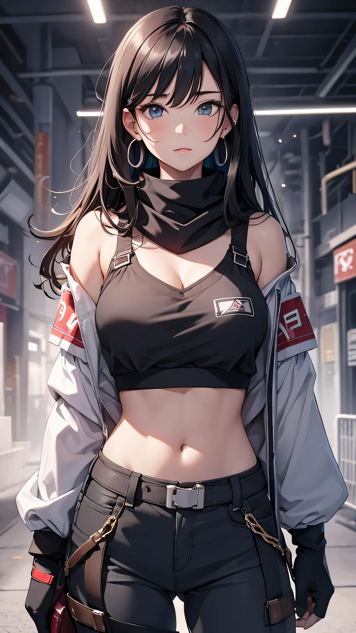最high quality、best image quality、masterpiece、teenage girl((18-year-old、 By becoming、vest bust、medium bust,wide open breast tea、black eye, black hair、long hair、thin,highest valley、cute makeup、red sports bra、Black sports pants、White Necklace、Blackface Paint、Navy jacket)),high quality、beautiful art、background((In the airport)),debris flies、Depth of written boundary、movie、visual art、perfect art、8K,genuine