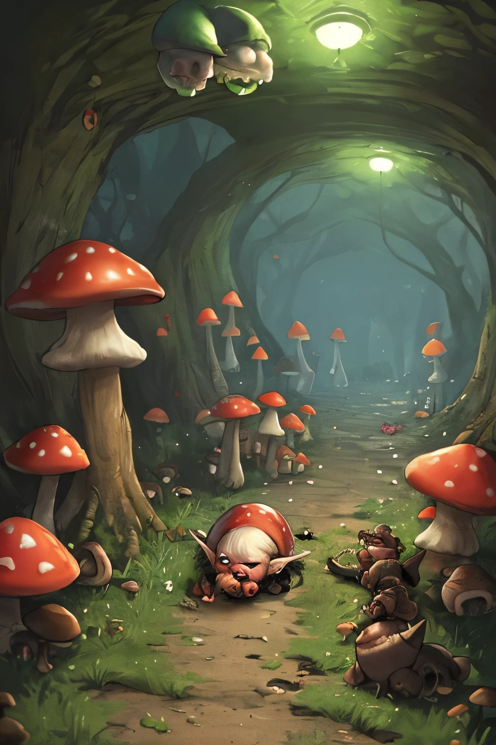 A goblin lair deep underground lit by glowing mushrooms, several very feral goblins chew on the bloody remains o an elf they killed. Bones litter the ground