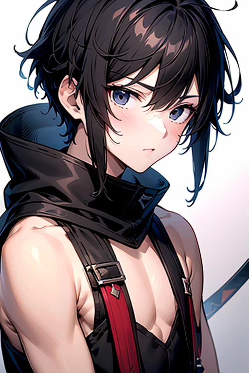 male with black hair black eyes slim body with black sword with red desing with moden cloth in close