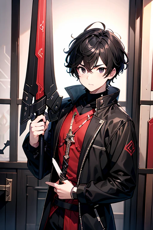 male with black hair black eyes slim body with black sword with red desing with moden cloth in close