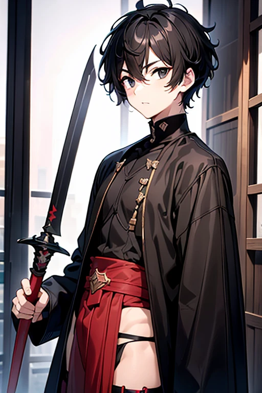 male with black hair black eyes slim body with black sword with red desing with moden cloth in close