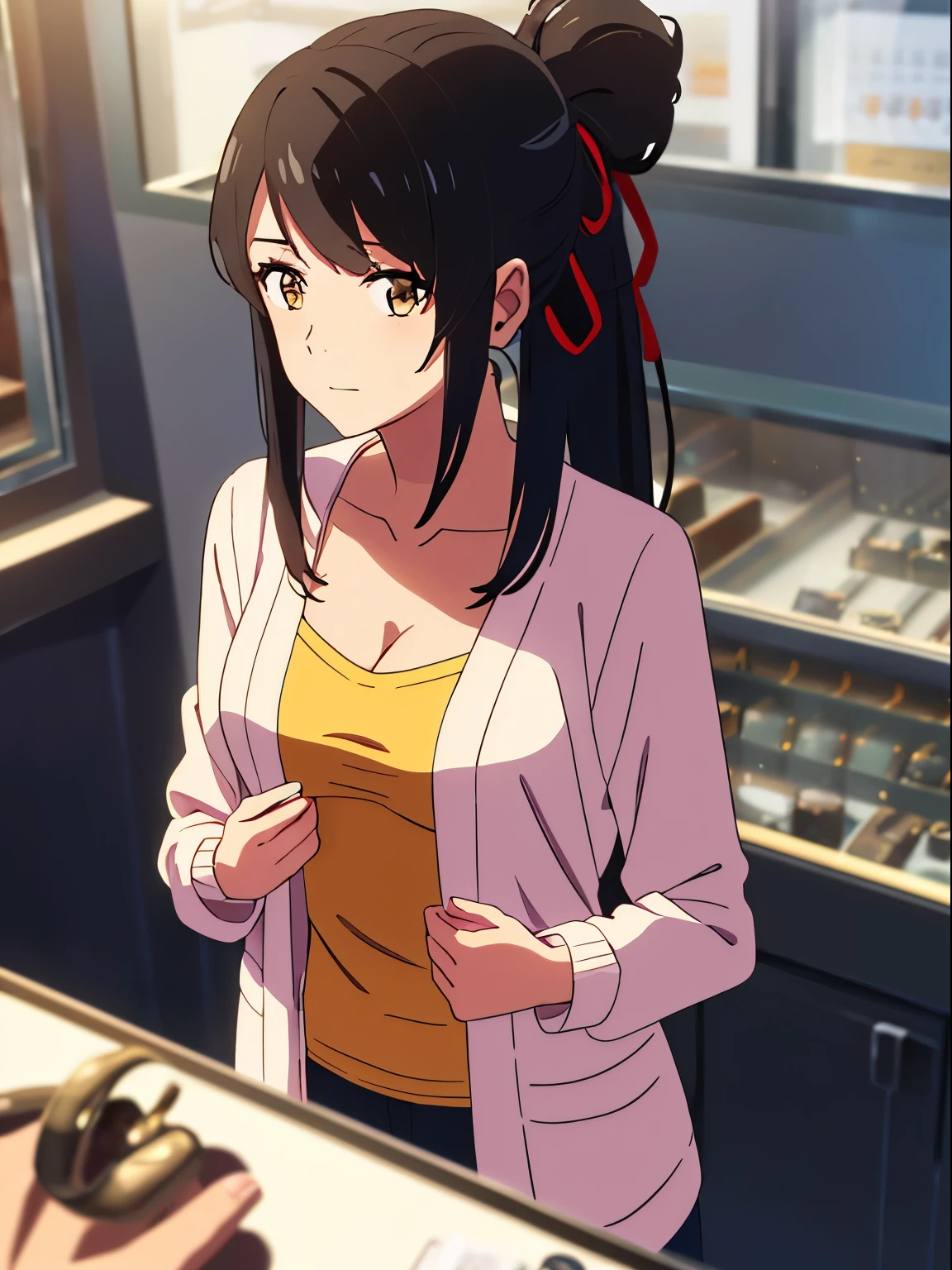 shinkai makoto, kimi no na wa., 1girl, bangs, black hair, brown eyes,half updo, red ribbon, long hair, long sleeve light yellow cardigan, open shirt, yellow shirt, cleavage, breast, medium breast, Orange shirt, name tag written "LUMINE Miyamizu", looking at the viewer, indoors, jewelry products, jewelry shop, jewelry saleswoman, indoors, mall, masterpiece, perfect anatomy, cowboyshot, POV (POV boy's hands holding girl's chest POV)