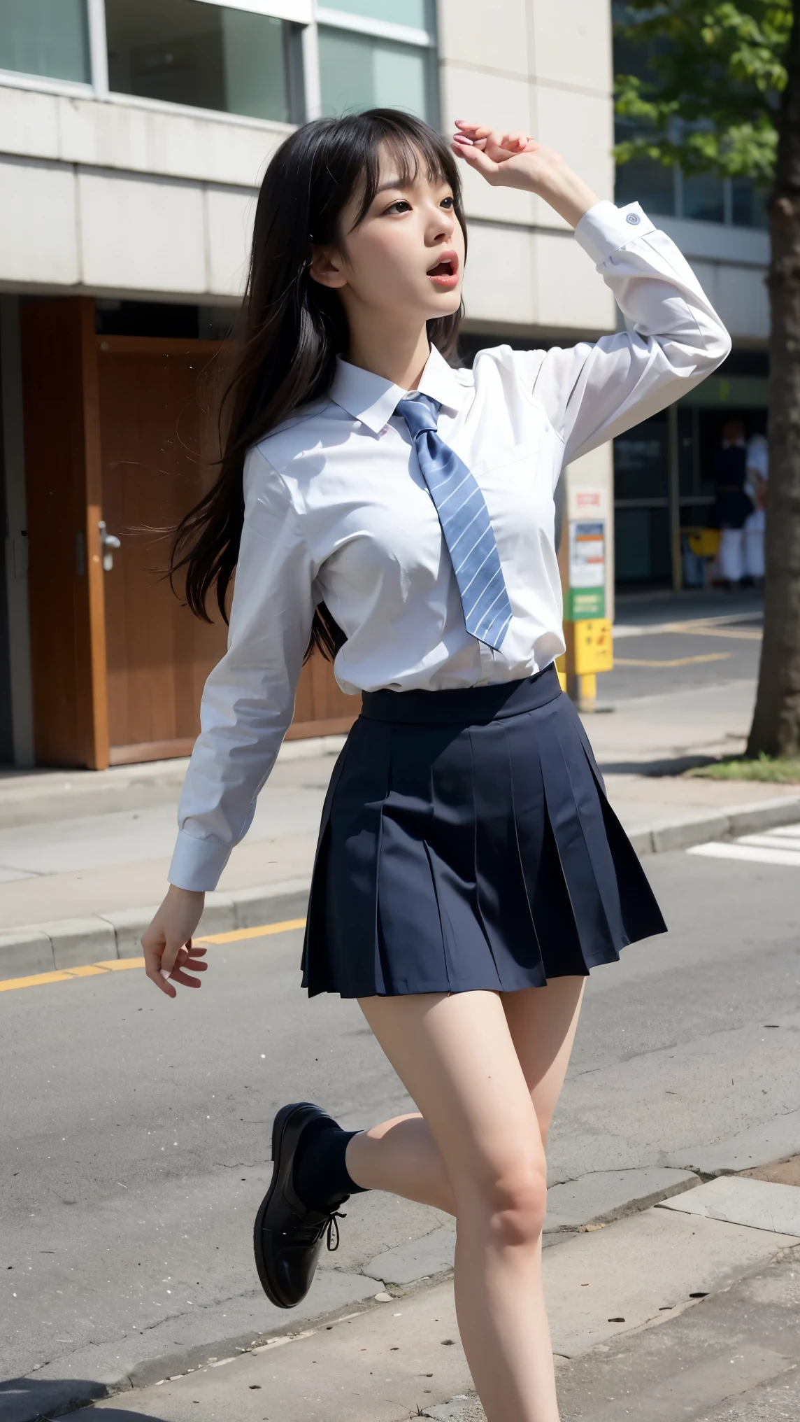 right leg ((kicks in the air)), eyes focus on the right leg, while shouting ahh, pretty bravelly, , thin legs, tight skirts, left leg heels on the ground on, sidewalk, RAW photos, 8K, highest quality, ultra-high resolution, beautiful faces detailed, real human skin, gentle expressions, Front view, angle from below, long hair, realistic, photorealistic, cute, short skirt, in the city, cute school girl, Japanese uniform, wearing Japanese school uniform, surreal high school girl, whole body,