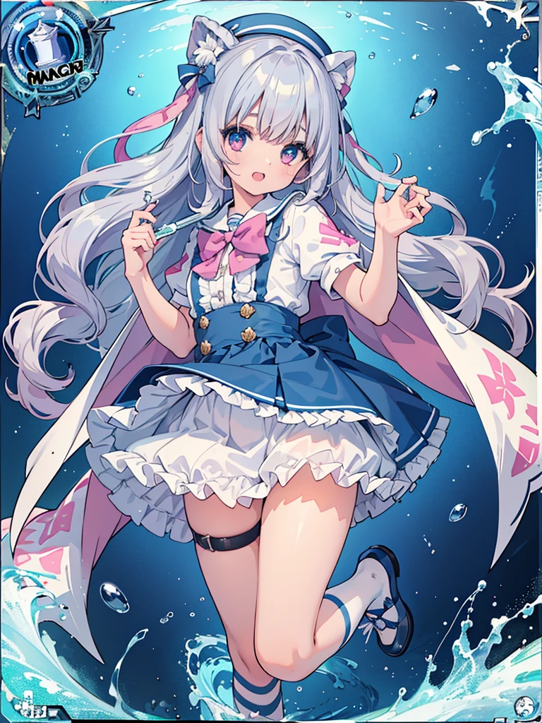 photo realistic, (masterpiece,best quality:1.4),(8k,raw photo,photo realistic:1.2),Not Safe for Work, detailed skin,detailed face,1girl,princess, cute face, super resolution,retro realistic details Illustration,,{{{elaborate,intricately,fantastic,delicately,tremendous,meticulous,minute,incredibly,obsessed,artisan's,subtle,virtuoso,skillful,vibrant, vivid, complex}}}, clearly focus edge, fresh natural gradation, best quality, amazing quality, very aesthetic, absurdres,
pubisure,
(((Blue school uniform))), mini frilled skirt, (frilled panties), happy, (White beret,Comes with a blue bow), (((jumping,skirt-lift))), medium bob, ((silver hair)), ((wavy hair)), shimmering eyes, Pink eyes, , 12 yo,(((cape))),((Blue the Bow)), Puffy Sleeves, Bangss, shortsleeves, ((Blue bow ribbon)),(White frilled apron), flat chest, beautiful hands, neck ribbon, wristband, arm garter, baby face, twinkle in the eye, braided bangs, ((frilled ankle socks)), (((Holding a magic spear))), (((high tops))), mary janes, Heart necklace, ring, masterpiece, top-quality, not safe for work,
yumekawa,yumekawaii,pastel color,(wonderland:1.3),imagination, ((splashing)), ((ripples)), splashing water, heart background, (water-color),((Multicolored lights)), (((trading card))),