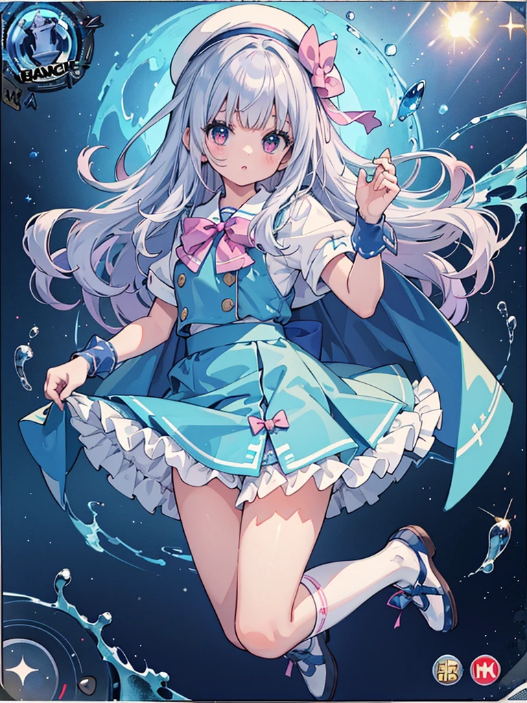 photo realistic, (masterpiece,best quality:1.4),(8k,raw photo,photo realistic:1.2),Not Safe for Work, detailed skin,detailed face,1girl,princess, cute face, super resolution,retro realistic details Illustration,,{{{elaborate,intricately,fantastic,delicately,tremendous,meticulous,minute,incredibly,obsessed,artisan's,subtle,virtuoso,skillful,vibrant, vivid, complex}}}, clearly focus edge, fresh natural gradation, best quality, amazing quality, very aesthetic, absurdres,
pubisure,
(((Blue school uniform))), mini frilled skirt, (frilled panties), happy, (White beret,Comes with a blue bow), (((jumping,skirt-lift))), medium bob, ((silver hair)), ((wavy hair)), shimmering eyes, Pink eyes, , 12 yo,(((cape))),((Blue the Bow)), Puffy Sleeves, Bangss, shortsleeves, ((Blue bow ribbon)),(White frilled apron), flat chest, beautiful hands, neck ribbon, wristband, arm garter, baby face, twinkle in the eye, braided bangs, ((frilled ankle socks)), (((Holding a magic spear))), (((high tops))), mary janes, Heart necklace, ring, masterpiece, top-quality, not safe for work,
yumekawa,yumekawaii,pastel color,(wonderland:1.3),imagination, ((splashing)), ((ripples)), splashing water, heart background, (water-color),((Multicolored lights)), (((trading card))),