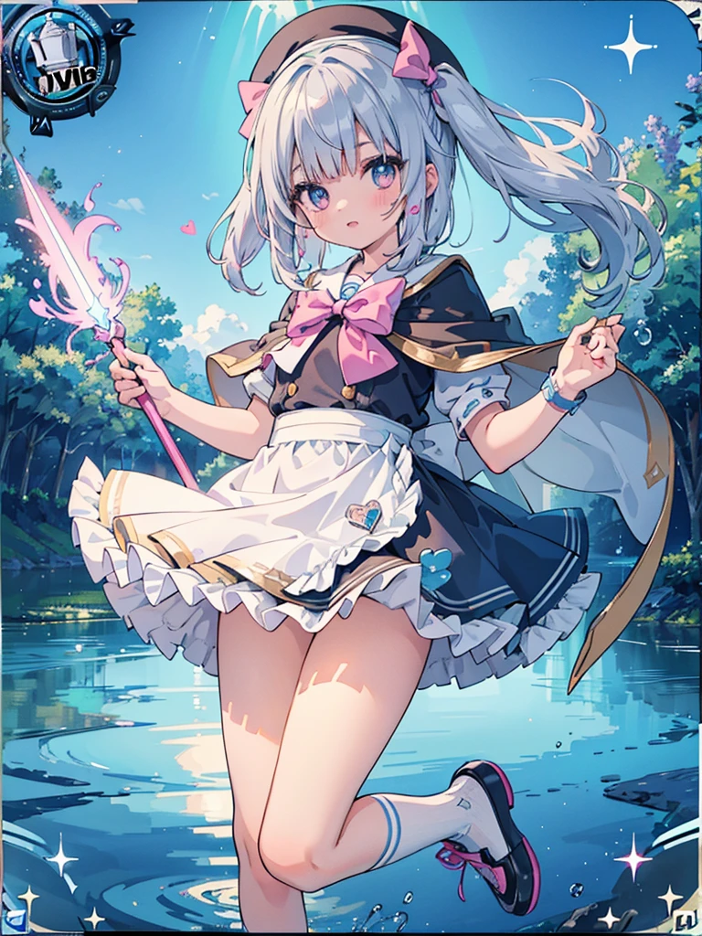 photo realistic, (masterpiece,best quality:1.4),(8k,raw photo,photo realistic:1.2),Not Safe for Work, detailed skin,detailed face,1girl,princess, cute face, super resolution,retro realistic details Illustration,,{{{elaborate,intricately,fantastic,delicately,tremendous,meticulous,minute,incredibly,obsessed,artisan's,subtle,virtuoso,skillful,vibrant, vivid, complex}}}, clearly focus edge, fresh natural gradation, best quality, amazing quality, very aesthetic, absurdres,
pubisure,
(((Blue school uniform))), mini frilled skirt, (frilled panties), happy, (White beret,Comes with a blue bow), (((jumping,skirt-lift))), medium bob, ((silver hair)), ((wavy hair)), shimmering eyes, Pink eyes, , 12 yo,(((cape))),((Blue the Bow)), Puffy Sleeves, Bangss, shortsleeves, ((Blue bow ribbon)),(White frilled apron), flat chest, beautiful hands, neck ribbon, wristband, arm garter, , twinkle in the eye, braided bangs, ((frilled ankle socks)), (((Holding a magic spear))), (((high tops))), mary janes, Heart necklace, ring, masterpiece, top-quality, not safe for work,
yumekawa,yumekawaii,pastel color,(wonderland:1.3),imagination, ((splashing)), ((ripples)), splashing water, heart background, (water-color),((Multicolored lights)), (((trading card))),