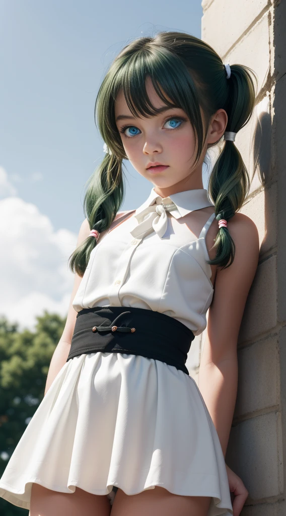 The innocence, dark green hair, twintails, arms behind back, white dress, black waist tie, a girl,blue eyes, high angle, looking down at her,