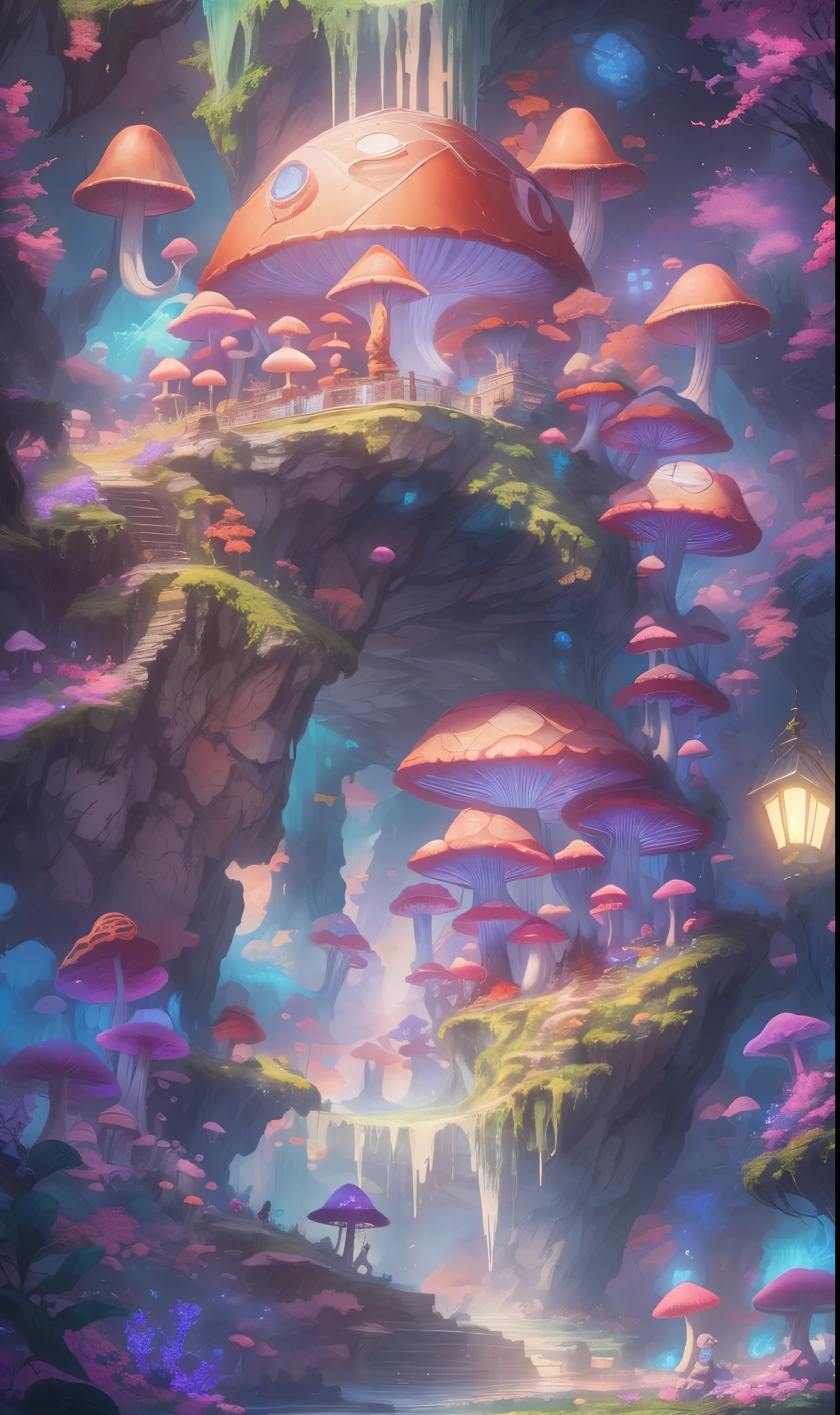 Super detailed，4K，8K，high resolution，masterpiece。a boy，in underground wonders，Discover glowing mushrooms and stalactite crystals，Fantasy colors all around，He is in a mysterious and adventurous mood，Explore this dreamy place，Feel the wonder of the underground world。