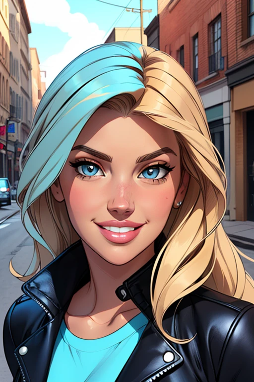 (cartoon style:1.2), Drawings of ([Jessica Simpson, Kate Upton, Kim Kardashian]), wearing a light blue t-shirt, black leather jacket and , smile, perfect eyes, detailed face, street on background, fun posing, flirty look,