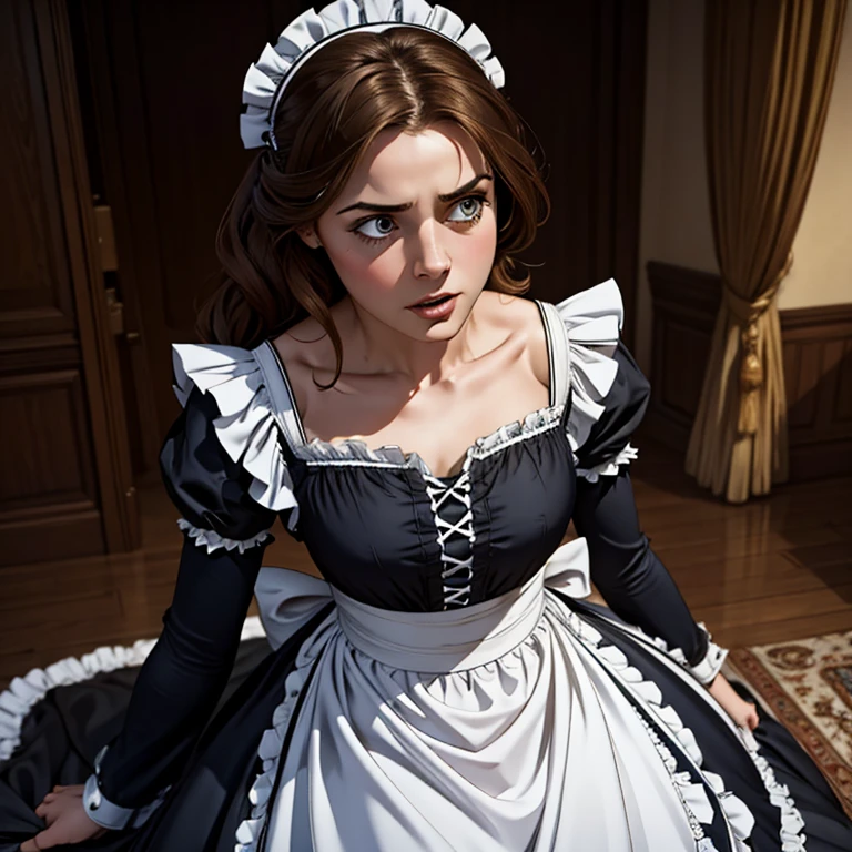 masterpiece, best quality,8k resolution,realistic,, 1 girl, Girl falling, wear a maid outfit, looks scared, different perspectives