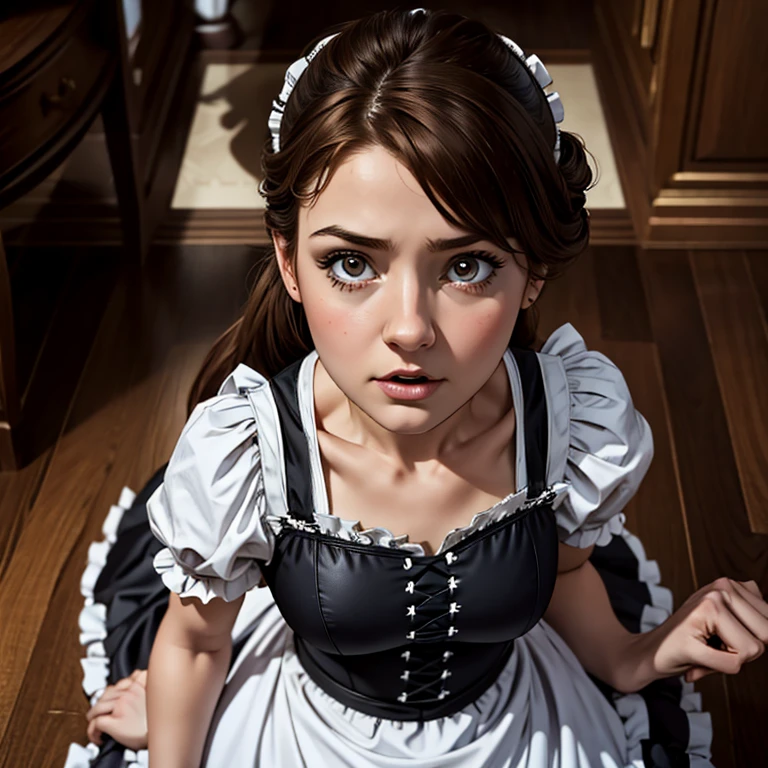 masterpiece, best quality,8k resolution,realistic,, 1 girl, Girl falling, wear a maid outfit, looks scared, different perspectives