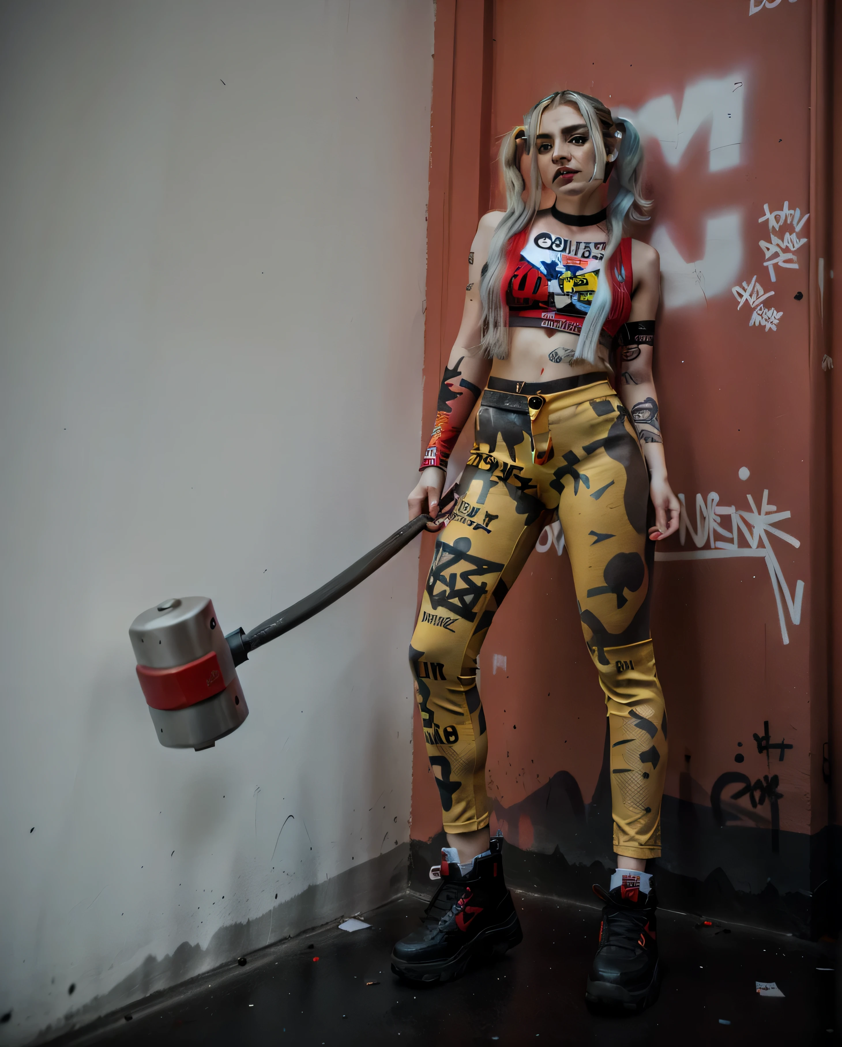 Harley Quinn, city background, city lights, wall covered in graffiti, dirty city.