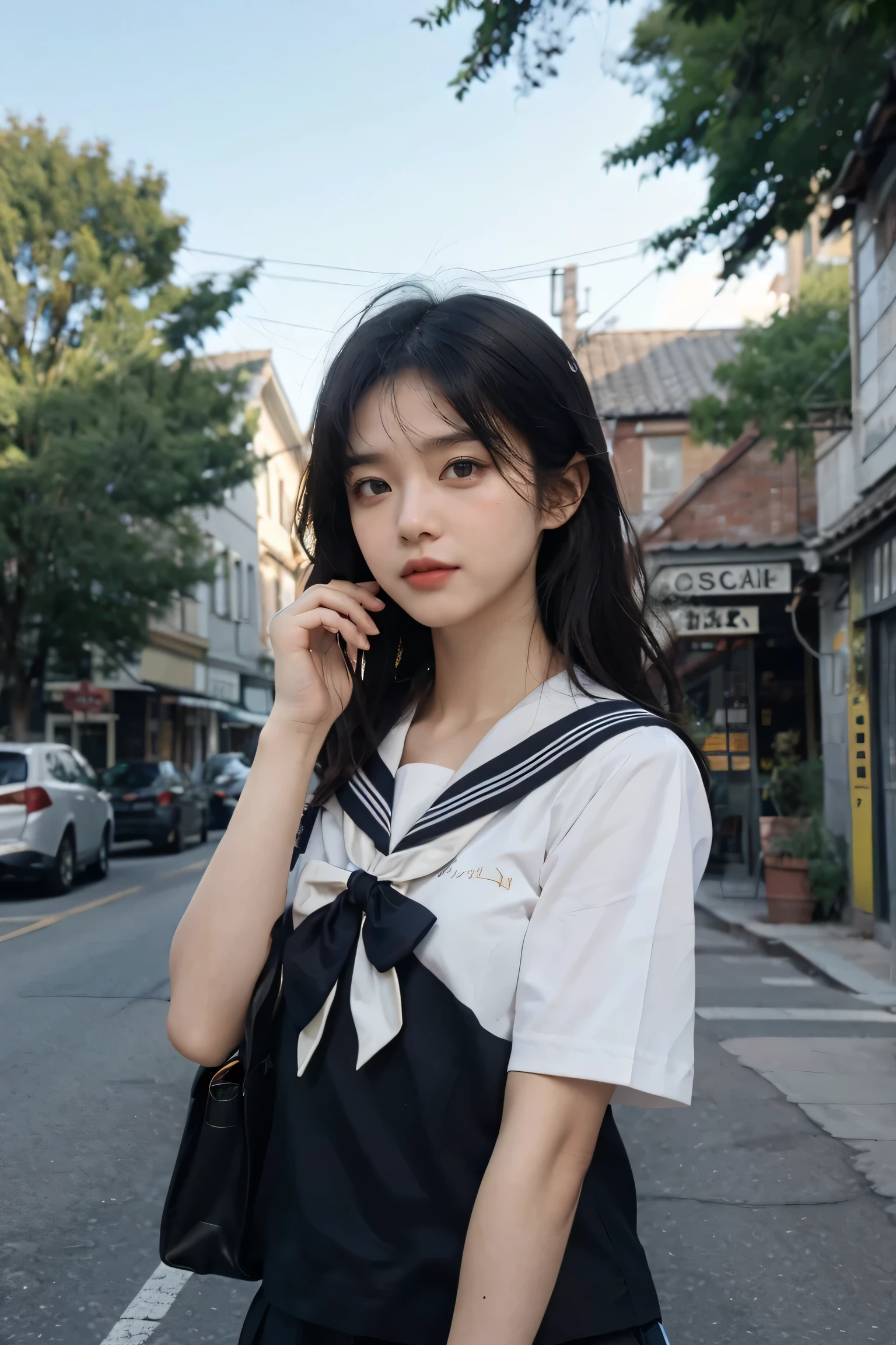 （8K，highest quality，master piece：1.2），（realistically，realistically，realistic：1.37），2 girls，hyper detail，Beautiful detailed eyes Beautiful detailed nose，short sleeve sailor suit，Close up of upper body，Highlights，（（stand up）），roof，handrail，Small town，pylons，utility pole，plant，Front lens