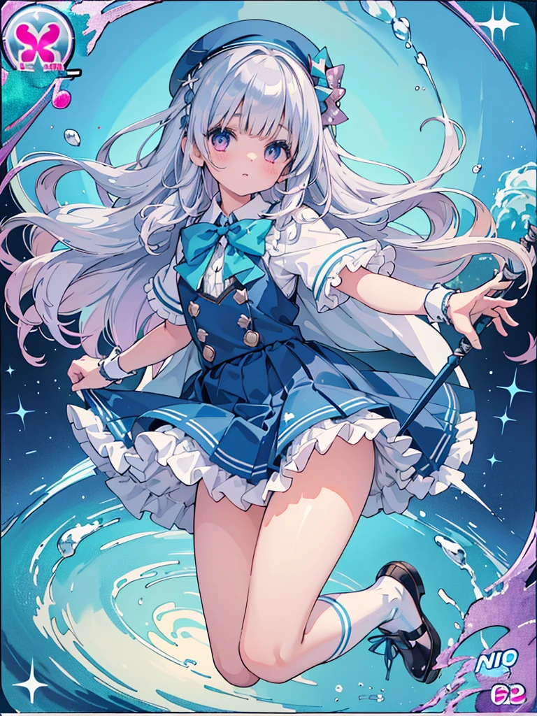 photo realistic, (masterpiece,best quality:1.4),(8k,raw photo,photo realistic:1.2),Not Safe for Work, detailed skin,detailed face,1girl,princess, cute face, super resolution,retro realistic details Illustration,,{{{elaborate,intricately,fantastic,delicately,tremendous,meticulous,minute,incredibly,obsessed,artisan's,subtle,virtuoso,skillful,vibrant, vivid, complex}}}, clearly focus edge, fresh natural gradation, best quality, amazing quality, very aesthetic, absurdres,
pubisure,
(((Blue school uniform))), mini frilled skirt, (frilled panties), happy, (White beret,Comes with a blue bow), (((jumping,skirt-lift))), medium bob, ((silver hair)), ((wavy hair)), shimmering eyes, Pink eyes, , 12 yo,(((cape))),((Blue the Bow)), Puffy Sleeves, Bangss, shortsleeves, ((Blue bow ribbon)),(White frilled apron), flat chest, beautiful hands, neck ribbon, wristband, arm garter, baby face, twinkle in the eye, braided bangs, ((frilled ankle socks)), (((Holding a magic spear))), (((high tops))), mary janes, Heart necklace, ring, masterpiece, top-quality, not safe for work,
yumekawa,yumekawaii,pastel color,(wonderland:1.3),imagination, ((splashing)), ((ripples)), splashing water, heart background, (water-color),((Multicolored lights)), (((trading card))),