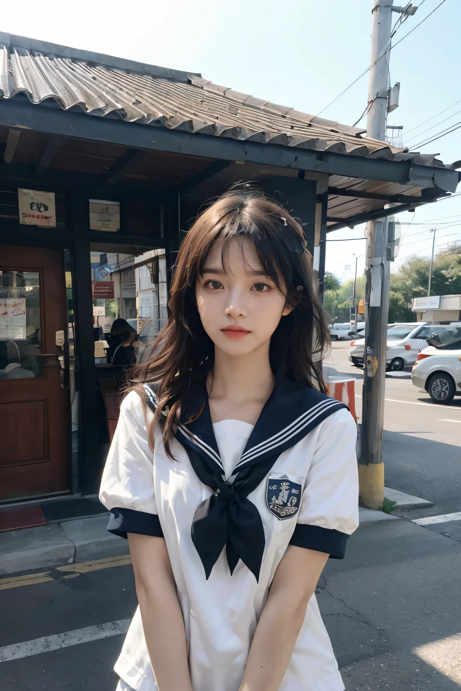 （8K，highest quality，master piece：1.2），（realistically，realistically，realistic：1.37），2 girls，hyper detail，Beautiful detailed eyes Beautiful detailed nose，short sleeve sailor suit，Close up of upper body，Highlights，（（stand up）），roof，handrail，Small town，pylons，utility pole，plant，Front lens
