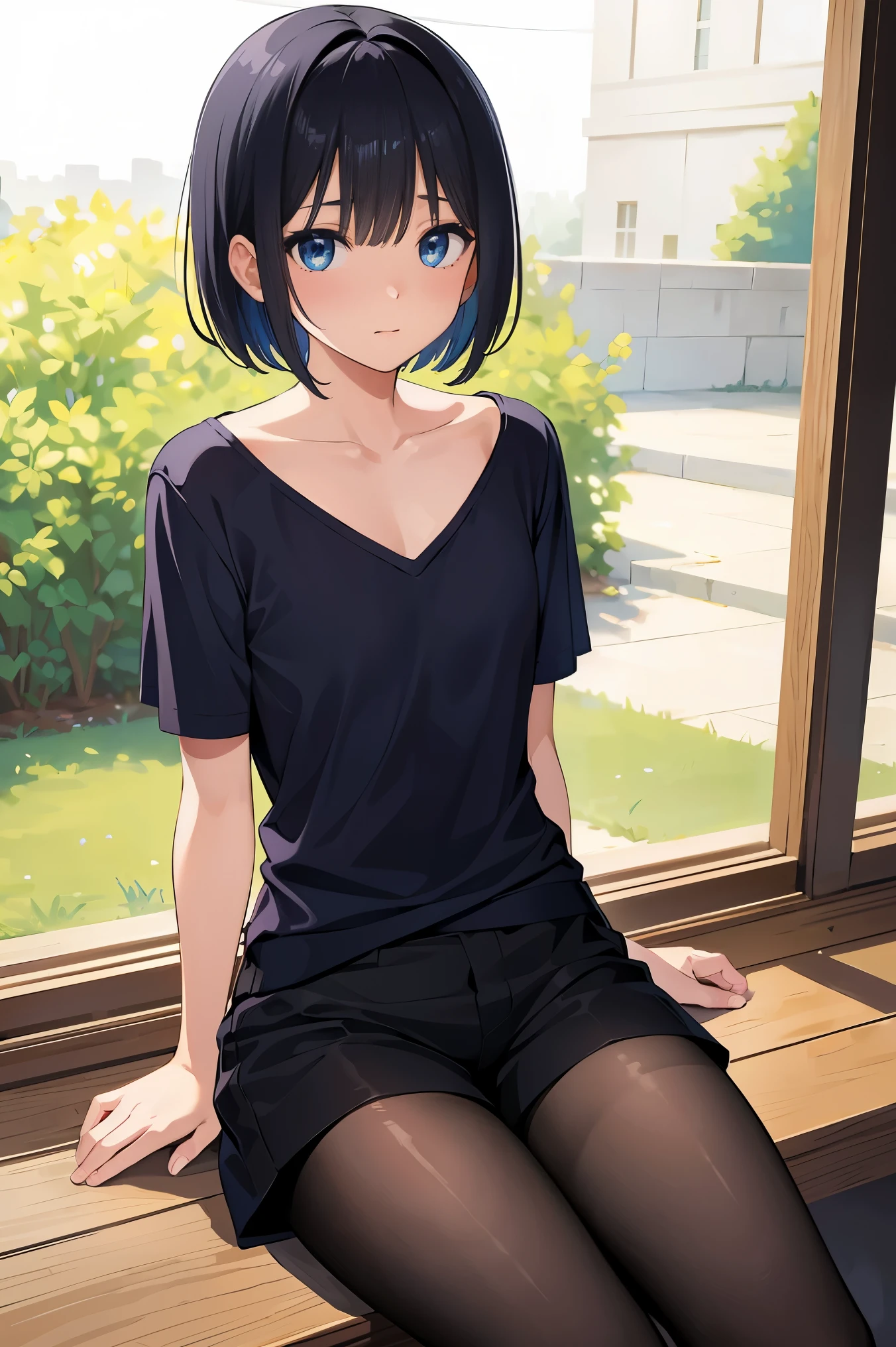 masterpiece:1.2, best quality, ((ultra detailed)), high resolution, 2d, anime style , photo, photography, detailed background, (1boy,otoko no ko, feminine),cute face,short hair,bob cut,(black hair),flat chest, BREAK solo,(droopy eyes:1.3),17 years old,((blue eyes;1.2 )), beautiful thighs,embarrassed,shy, BREAK cowboy shot,sitting,wariza,oversized shirt,black pantyhose,shorts BREAK pastel colors:1.4, solid paint:1.2, saturated color, contour
