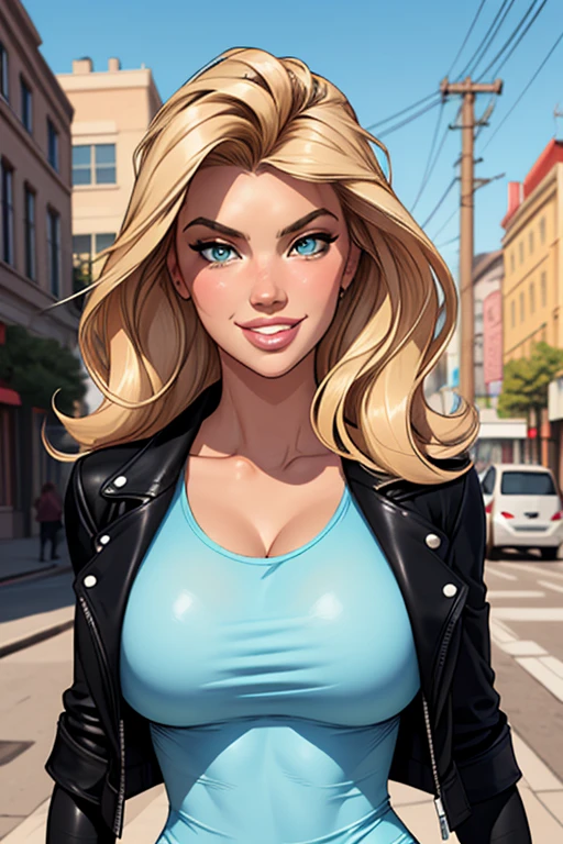 (cartoon style:1.2), Drawings of ([Jessica Simpson, Kate Upton, Kim Kardashian]), wearing a light blue t-shirt, black leather jacket and , smile, perfect eyes, detailed face, street on background, fun posing, flirty look,