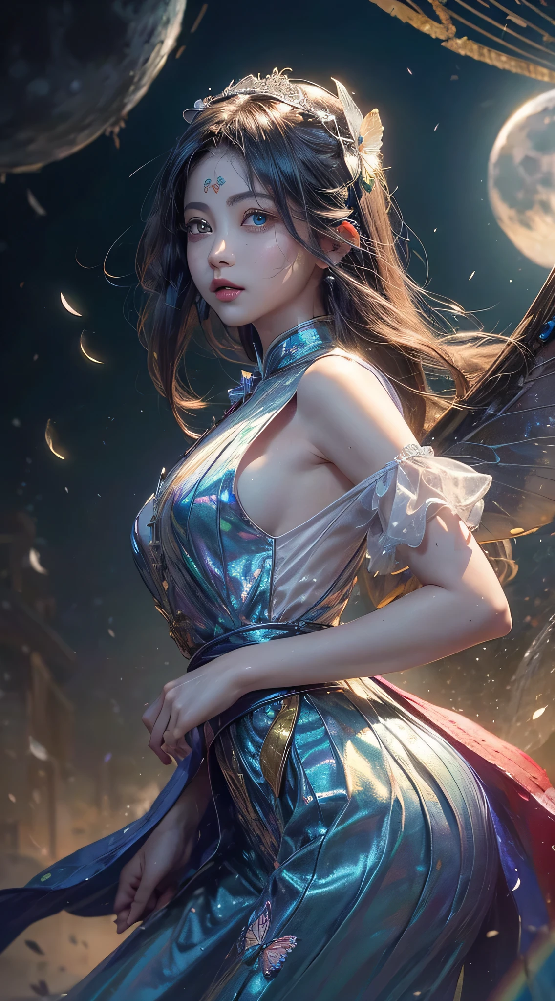 (master part:1.3),(best quality:1.2),8k,absurdos,(extremamente detalhado:1.3),Highestres,Dancing, 1girl, sozinho, cabelos longos, brown hair, cabelos pretos, vestir, bareshoulders, corpo inteiro, olhos fechados, Sombra,(Ethereal:1.4),floating,(vestido longo flutuante:1.3)