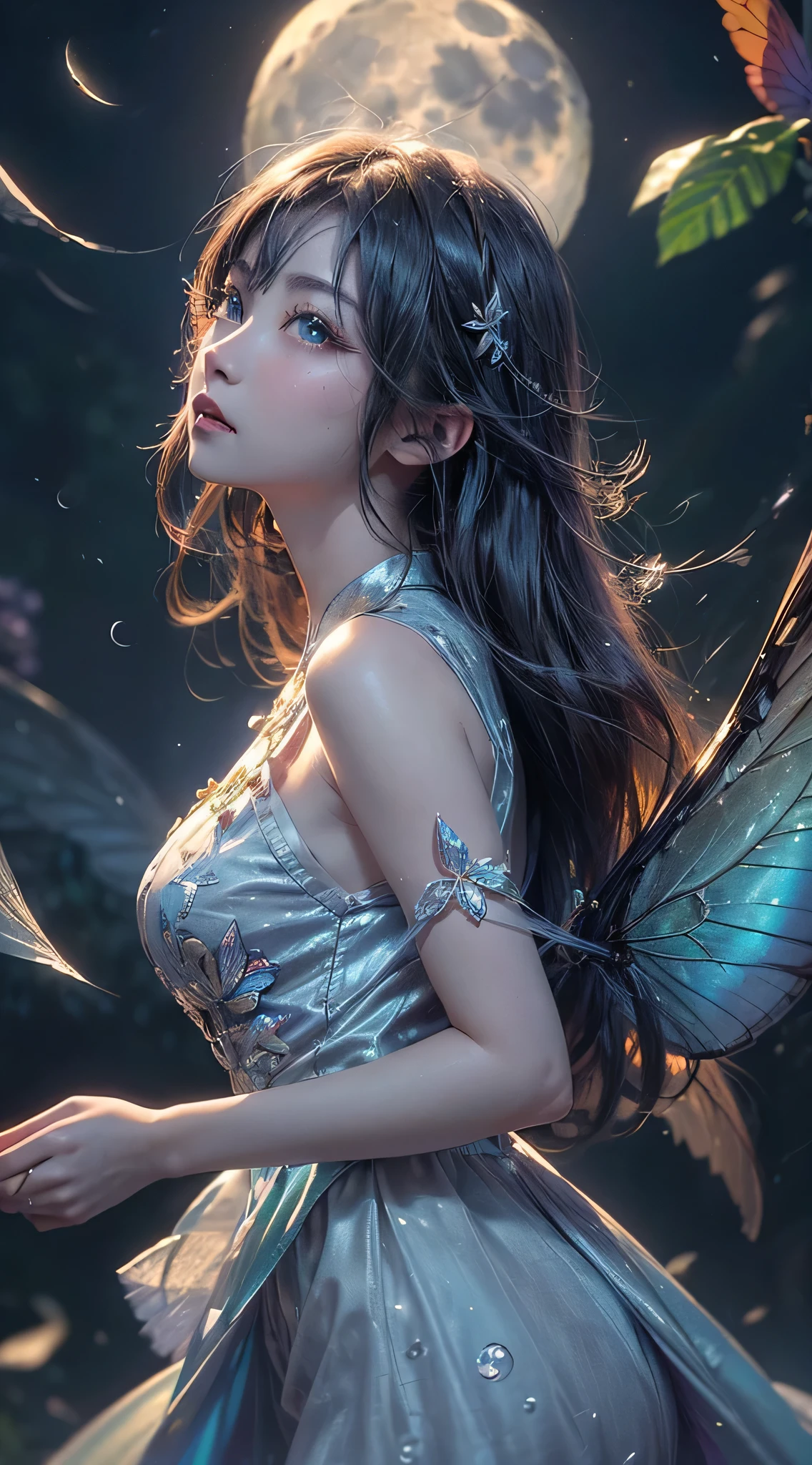 (masterpiece)、(highest quality)、((Super detailed))、(High resolution)、(Highly detailed CG illustration)、((very delicate and beautiful))、(sharp focus)、cinematic light、amazing fantasy art、mythical fantasy、dream、((rainbow))、fairy tale、mystery and magical power、1girl、mayfly girl、Mayfly wings are on your back、(Front facing:1.5)、beautiful face、detailed and perfect face、(透き通った美しいrainbow色のカゲロウの羽)、Light blue eyes、big breasts、thin waist、big ass、Butterfly wings、Sexy Shorts、silk、Stunning embroidery、微妙なrainbow色のディテールの衣装、 (((半透明のrainbow色の羽根)))、dreamのような色、dynamic lighting、colorful magical birds、A jewel-colored butterfly that gives off a magical aura、Latest trending fantasy art、Professional lighting that creates depth and mood、(The background is a full moon that fills the screen:1.5)、(Depth Fields:1.3)、Bokeh、