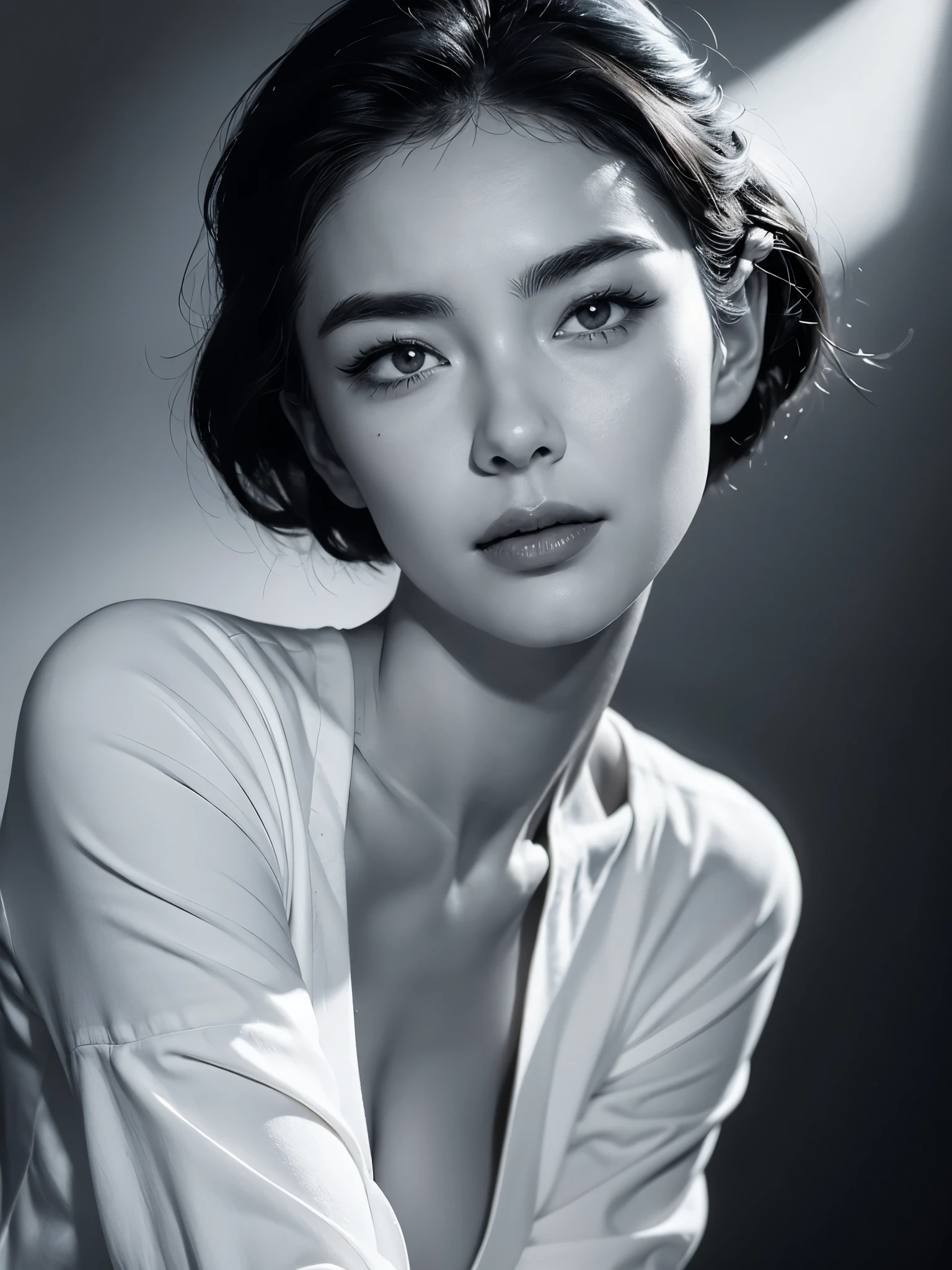 (A black and white close-up of a wild beauty wearing a white shirt), short hair, very fluffy and plump hair on the top of the head, (slightly lowered: 0.65), (single eyelids: 1.0), a young and wild Asian face, a bit of a mixed race face, (closed mouth pursed laughter), (fox seductive eyes half squinted: 1.2), (squinting the corners of the eyes slightly upward), slightly narrowed slender eyes, like fox eyes, thick straight eyebrows, The eyebrows are high and angular (with a slightly square chin: 0.65), with a lazy expression that resembles Vivien Leigh. The perfect face and fair skin,
Black and white close-up, anime style, contrast between light and dark, denim lens, ultra-high definition, masterpiece, accuracy, textured skin, super detail, high detail, high quality, award winning, best quality, advanced, 16k,