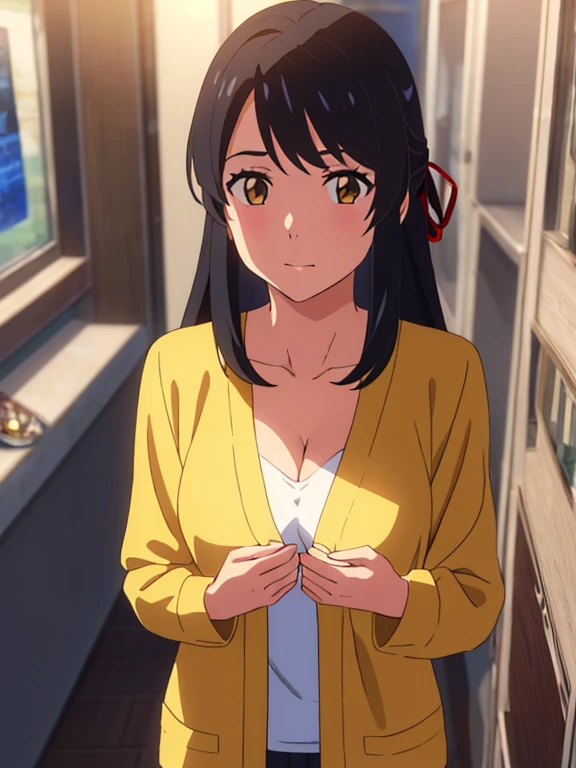 shinkai makoto, kimi no na wa., 1girl, bangs, black hair, brown eyes, Twisted Half Up, red ribbon, long hair, long sleeve light yellow cardigan, open shirt, yellow shirt, cleavage, breast, medium breast, Orange shirt, name tag written "LUMINE Miyamizu", looking at the viewer, indoors, jewelry products, jewelry shop, jewelry saleswoman, indoors, mall, masterpiece, perfect anatomy, cowboyshot, POV (POV boy's hands holding girl's chest POV)