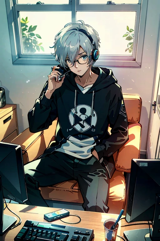 (masterpiece, best quality:1.3) 
Persona3MakotoYuki, 1boy, solo, morning, fresh and vibrant with soft sunlight, confused, gamers, in bedroom, playing games, headset, mobile phone, system, white hair, Aquamarine eyes, medium haircut, hoodie, glasses, sleepy eyes, lazy, messy room, gaming set up