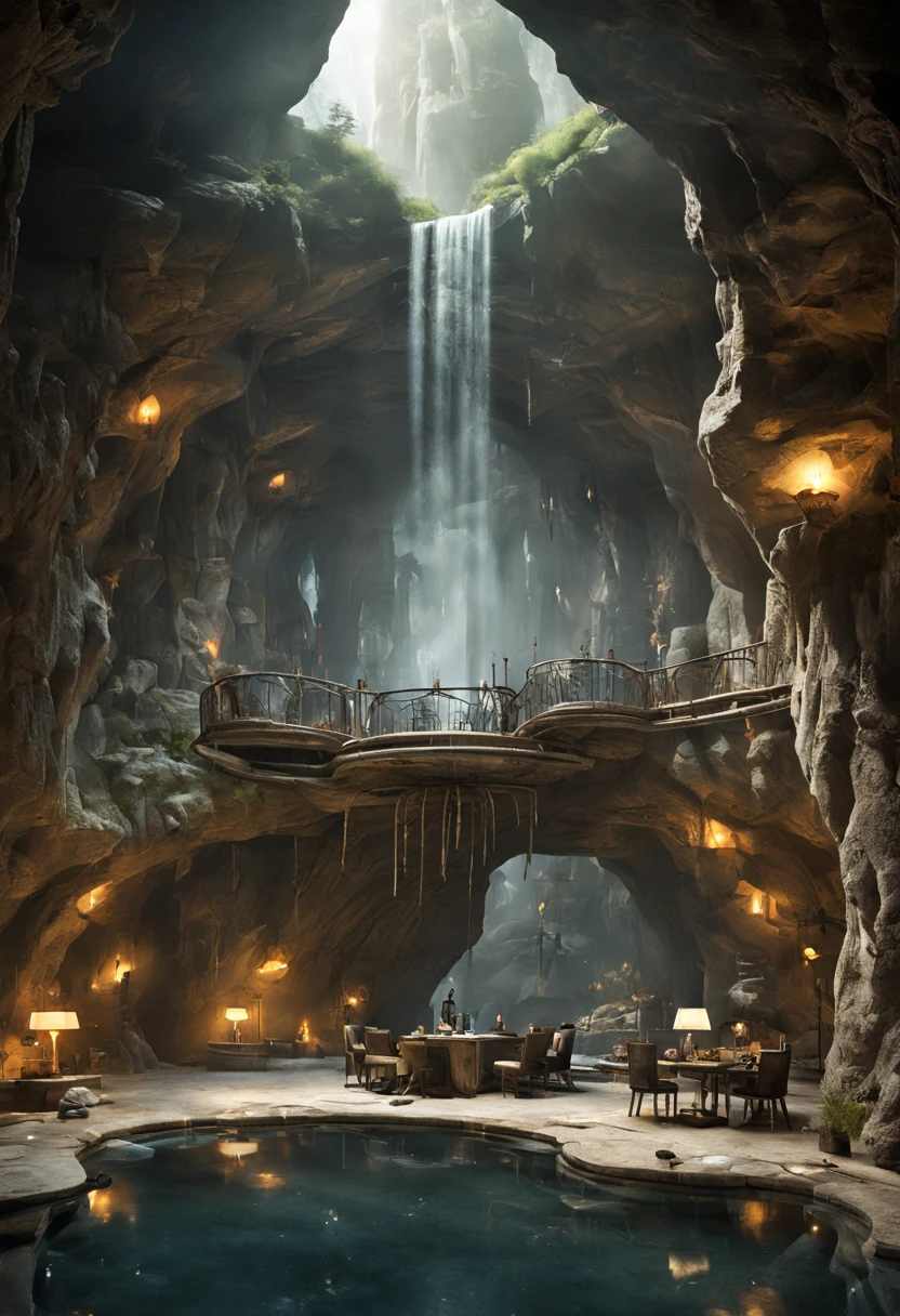 地下cave樓梯.Have a leisure space，Room with waterfall, fantasy setting, Luxurious environment, 地下cave环境, In a futuristic desert palace, 美丽的奇幻cave场景, futuristic setting, A cozy space hidden in a cave,Surreal sci-fi set design and various leisure equipment, Inside a cave, Beautiful aesthetic design, star wars setting, cave, Inside a cave, cave镇, cave环境照明