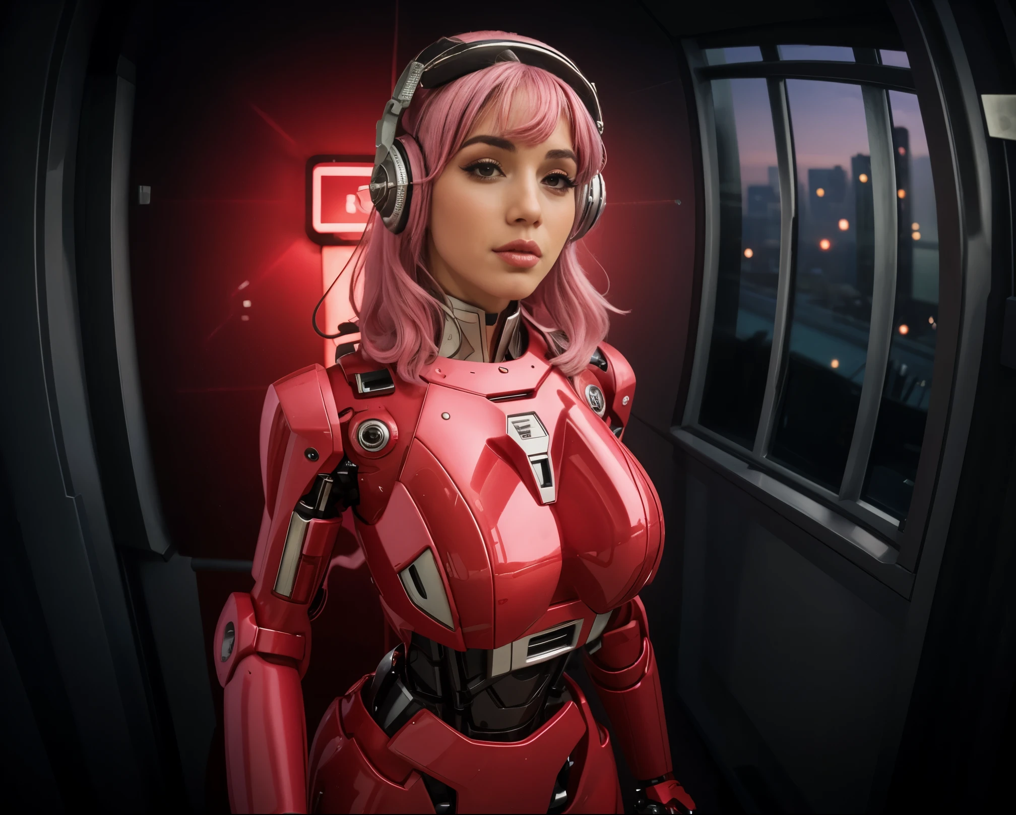 fisheye view, door fisheye pov, grand angular, ana de armas as your cosplayer girlfriend, using a robot suit, larger breasts, ana de armas, silver suit, crhome shinny skin, mechanical joints, medium straight hair, pink pastel hair, blunt bangs , parted lips , mecha musume, futuristic headset, stand up, await comands position, condo corridor, window on the left side, elevator door on background, thicc body, small height