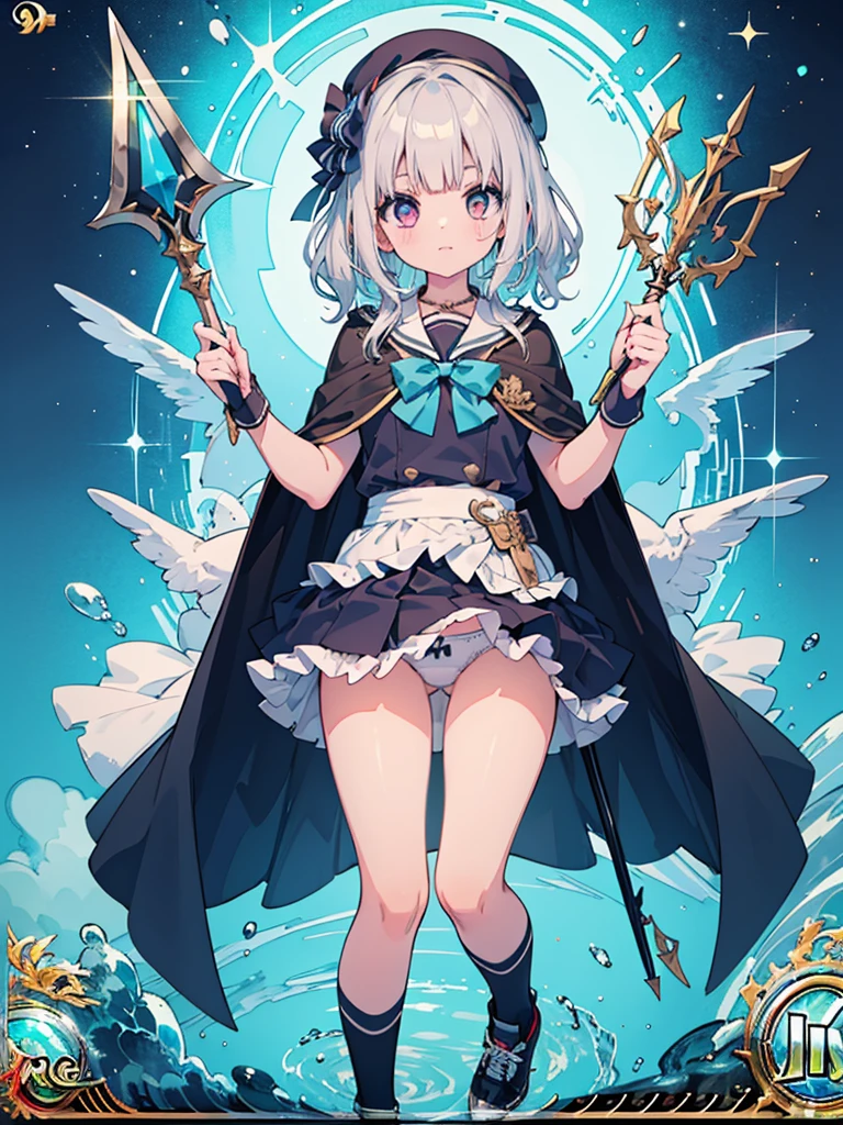 photo realistic, (masterpiece,best quality:1.4),(8k,raw photo,photo realistic:1.2),Not Safe for Work, detailed skin,detailed face,1girl,princess, cute face, super resolution,retro realistic details Illustration,,{{{elaborate,intricately,fantastic,delicately,tremendous,meticulous,minute,incredibly,obsessed,artisan's,subtle,virtuoso,skillful,vibrant, vivid, complex}}}, clearly focus edge, fresh natural gradation, best quality, amazing quality, very aesthetic, absurdres,
pubisure,
(((Blue school uniform))), mini frilled skirt, (frilled panties), happy, (White beret,Comes with a blue bow), (((The sacred weapon of thelong-handled spear of magical splashing))), (((Holding a magic spear))), (((jumping,skirt-lift))), medium bob, ((silver hair)), ((wavy hair)), shimmering eyes, Pink eyes, , 12 yo,(((cape))),((Blue the Bow)), Puffy Sleeves, Bangss, shortsleeves, ((Blue bow ribbon)),(White frilled apron), flat chest, beautiful hands, neck ribbon, wristband, arm garter, , twinkle in the eye, braided bangs, ((frilled ankle socks)), (((Holding a magic spear))), (((high tops))), mary janes, Heart necklace, ring, masterpiece, top-quality, not safe for work,
yumekawa,yumekawaii,pastel color,(wonderland:1.3),imagination, ((splashing)), ((ripples)), splashing water, heart background, (water-color),((Multicolored lights)), (((trading card))),