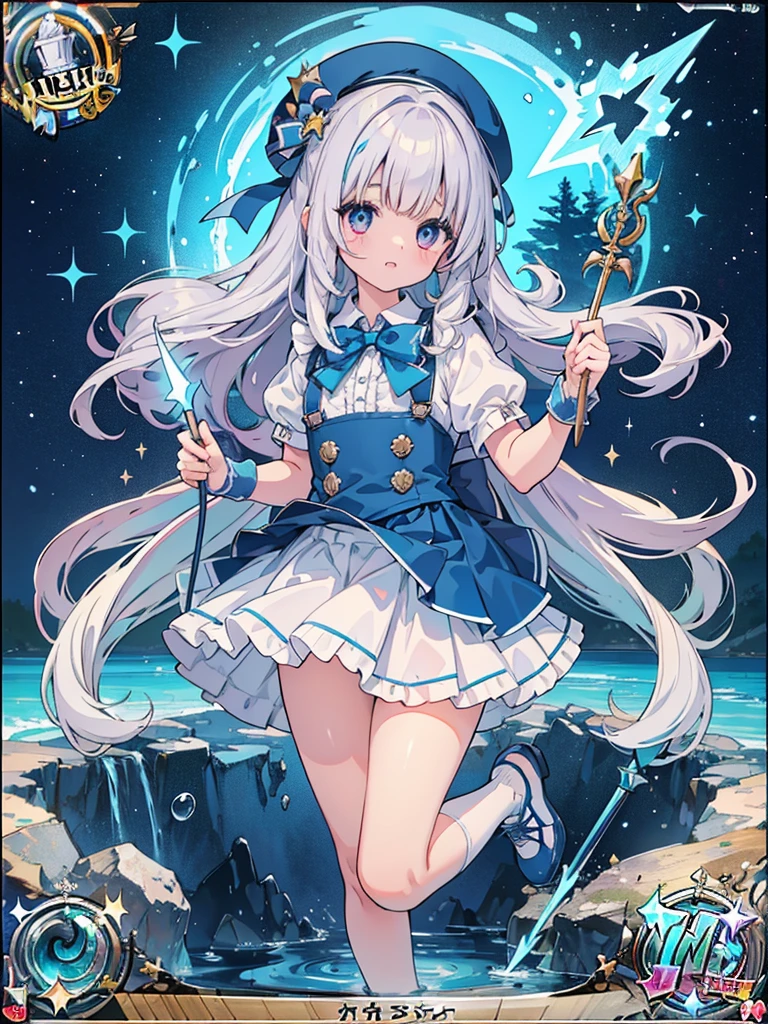 photo realistic, (masterpiece,best quality:1.4),(8k,raw photo,photo realistic:1.2),Not Safe for Work, detailed skin,detailed face,1girl,princess, cute face, super resolution,retro realistic details Illustration,,{{{elaborate,intricately,fantastic,delicately,tremendous,meticulous,minute,incredibly,obsessed,artisan's,subtle,virtuoso,skillful,vibrant, vivid, complex}}}, clearly focus edge, fresh natural gradation, best quality, amazing quality, very aesthetic, absurdres,
pubisure,
(((Blue school uniform))), mini frilled skirt, (frilled panties), happy, (White beret,Comes with a blue bow), (((jumping,skirt-lift))), medium bob, ((silver hair)), ((wavy hair)), shimmering eyes, Pink eyes, , 12 yo,(((cape))),((Blue the Bow)), Puffy Sleeves, Bangss, shortsleeves, ((Blue bow ribbon)),(White frilled apron), flat chest, beautiful hands, neck ribbon, wristband, arm garter, baby face, twinkle in the eye, braided bangs, ((frilled ankle socks)), (((Holding a magic spear))), (((high tops))), mary janes, Heart necklace, ring, masterpiece, top-quality, not safe for work,
yumekawa,yumekawaii,pastel color,(wonderland:1.3),imagination, ((splashing)), ((ripples)), splashing water, heart background, (water-color),((Multicolored lights)), (((trading card))),