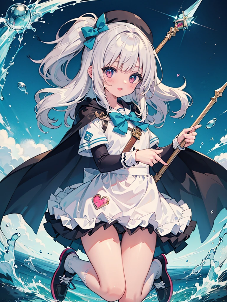 photo realistic, (masterpiece,best quality:1.4),(8k,raw photo,photo realistic:1.2),Not Safe for Work, detailed skin,detailed face,1girl,princess, cute face, super resolution,retro realistic details Illustration,,{{{elaborate,intricately,fantastic,delicately,tremendous,meticulous,minute,incredibly,obsessed,artisan's,subtle,virtuoso,skillful,vibrant, vivid, complex}}}, clearly focus edge, fresh natural gradation, best quality, amazing quality, very aesthetic, absurdres,
pubisure,
(((Blue school uniform))), mini frilled skirt, (frilled panties), happy, (White beret,Comes with a blue bow), (((The sacred weapon of thelong-handled spear of magical splashing))), (((Holding a magic spear))), (((jumping,skirt-lift))), medium bob, ((silver hair)), ((wavy hair)), shimmering eyes, Pink eyes, , 12 yo,(((cape))),((Blue the Bow)), Puffy Sleeves, Bangss, shortsleeves, ((Blue bow ribbon)),(White frilled apron), flat chest, beautiful hands, neck ribbon, wristband, arm garter, , twinkle in the eye, braided bangs, ((frilled ankle socks)), (((Holding a magic spear))), (((high tops))), mary janes, Heart necklace, ring, masterpiece, top-quality, not safe for work,