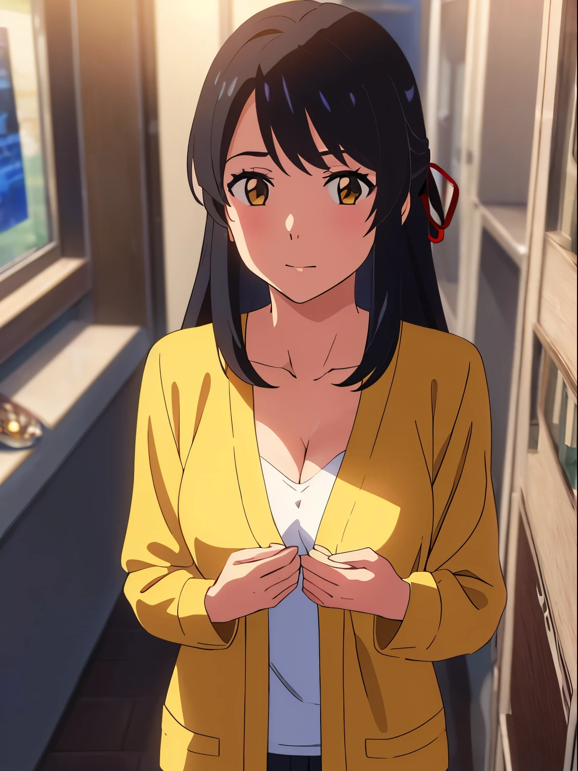 shinkai makoto, kimi no na wa., 1girl, bangs, black hair, brown eyes, Twisted Half Up, red ribbon, long hair, long sleeve light yellow cardigan, open shirt, yellow shirt, cleavage, breast, medium breast, Orange shirt, name tag written "LUMINE Miyamizu", looking at the viewer, indoors, jewelry products, jewelry shop, jewelry saleswoman, indoors, mall, masterpiece, perfect anatomy, cowboyshot, {POV viewer's hand grab girl's chest)}