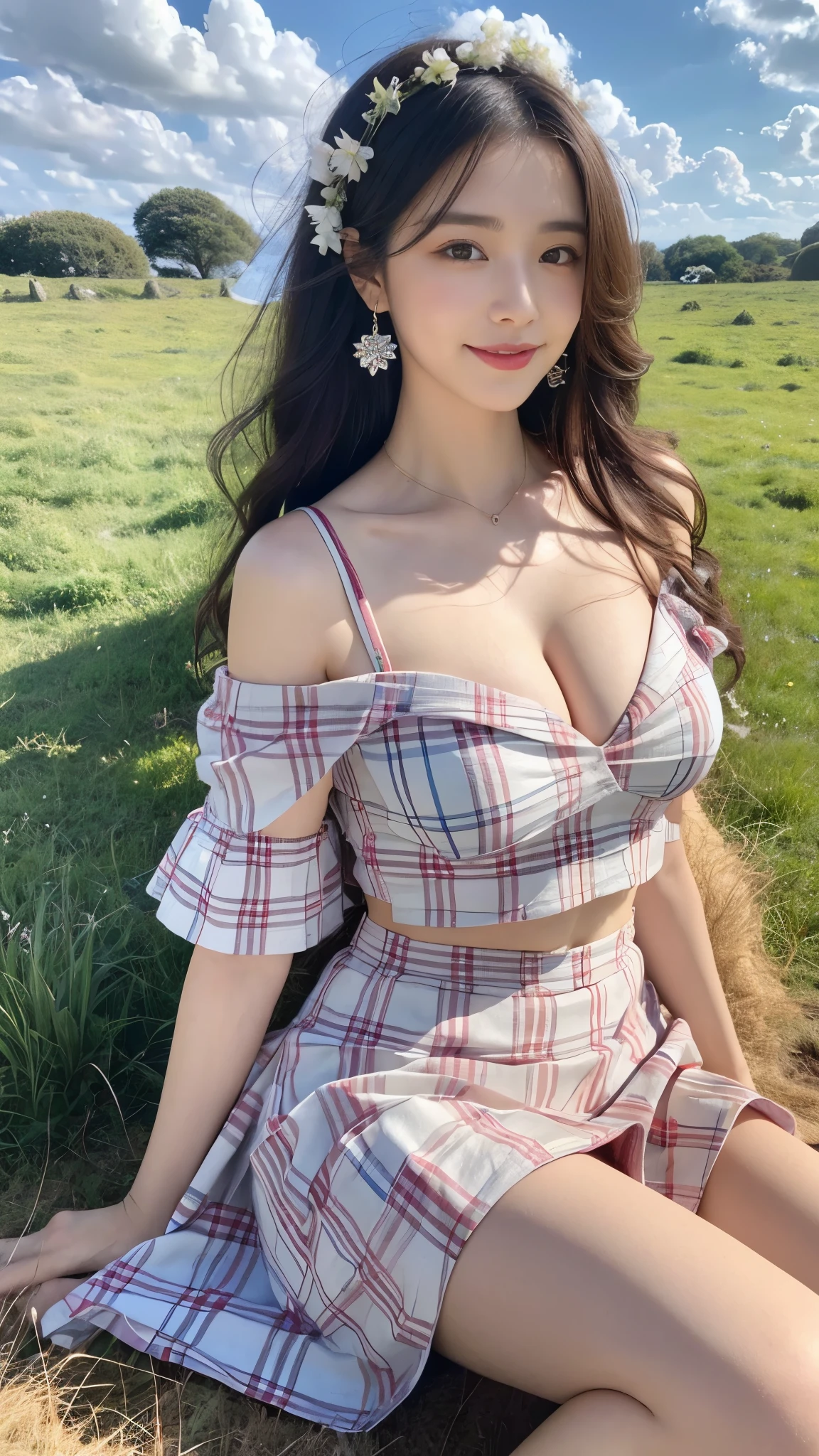 A beautiful and cute girl, full body photo, extremely beautiful and delicate, black hair, sweet smile, delicate beautiful fair skin, reallyistic and reallyistic, Exquisite and perfect facial features, Detailed facial description, High bridge of the nose, flowing silky hair, extremely delicate hair, feminine temperament, face light, tall, thin, really, hyper-really, full body lens, dynamic angle, ultimate picture quality, highest precision, accurate and perfect human body structure. The blue sky and white clouds, sitting on the grassland, The blue sky and white clouds, sunlight, cows and sheep, (red cropped off shoulder top, floral plaid miniskirt) The panties are clearly visible, huge breasts, The cleavage is visible,