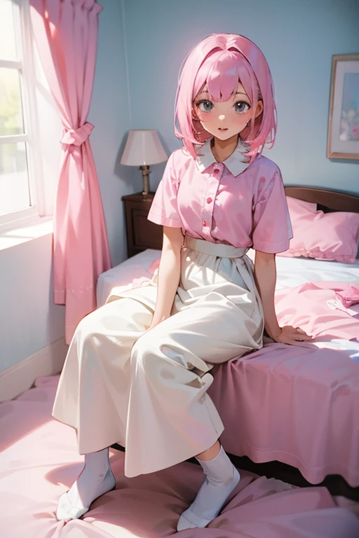 Pink-haired girl,White long skirt,white socks,sitting on bed,spread legs,Holding urine