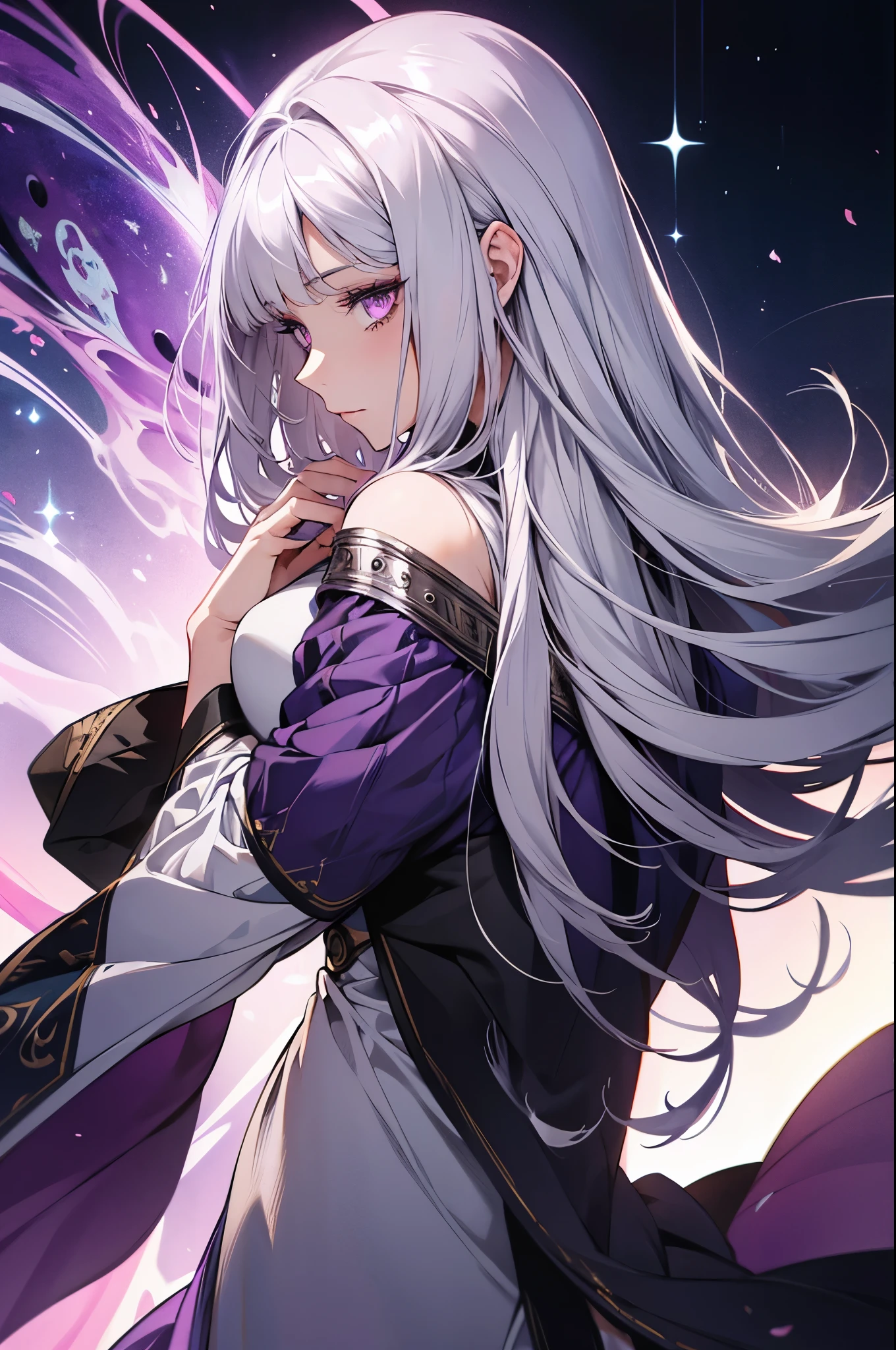 Woman, beautiful long silver hair with bangs, purple eyes, adult face, adult, cute face, warrior, bewitching, fantasy, magician, profile, whole body, kneeling