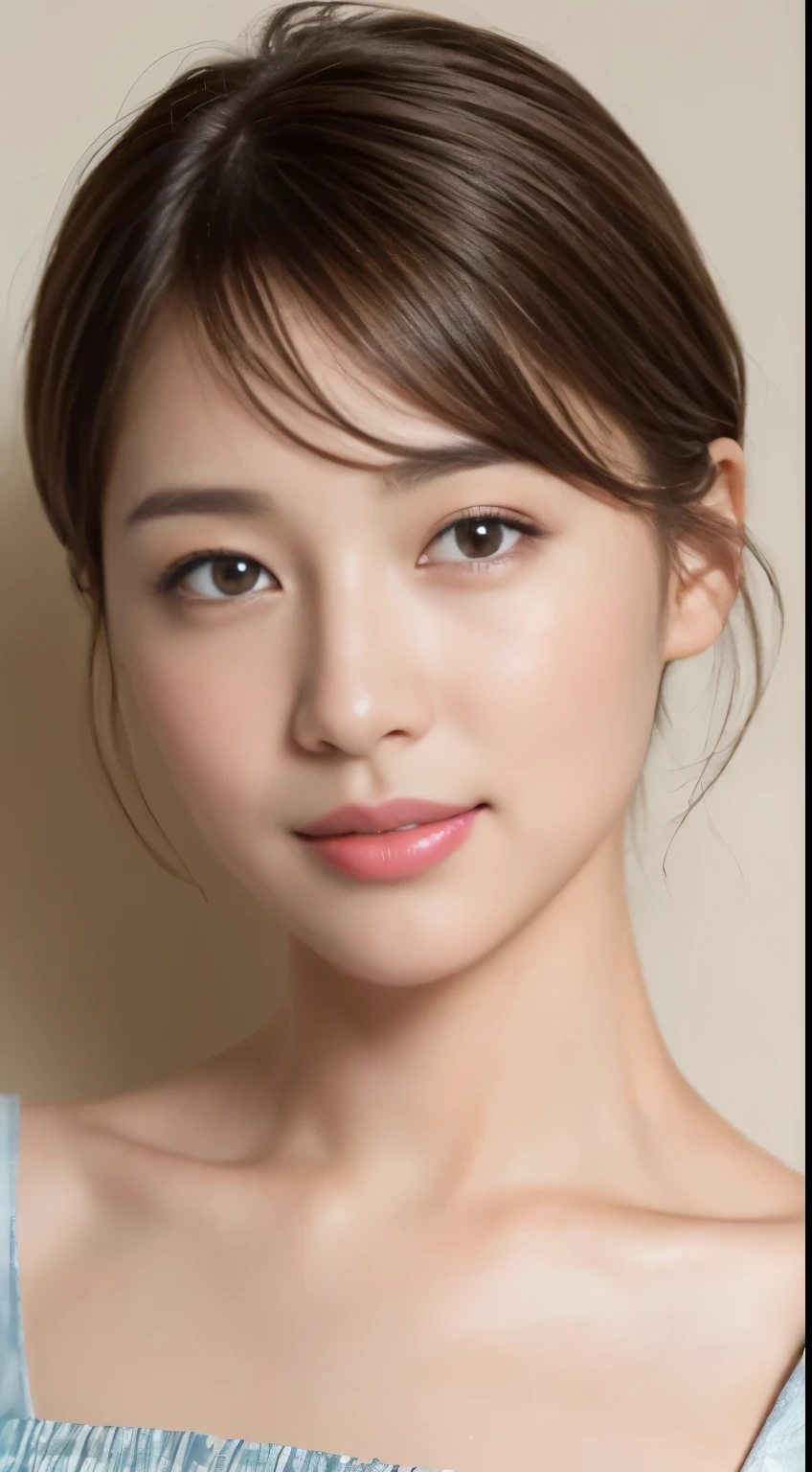 ((highest quality, 8K, masterpiece: 1.3)), 1 girl, The beauty of slim abs: 1.3, (Hairstyle Brown Hair Shortcuts, big: 1.2), dress: 1.1, super slender face, delicate eyes, double eyelid, smile, Home, RAW photo