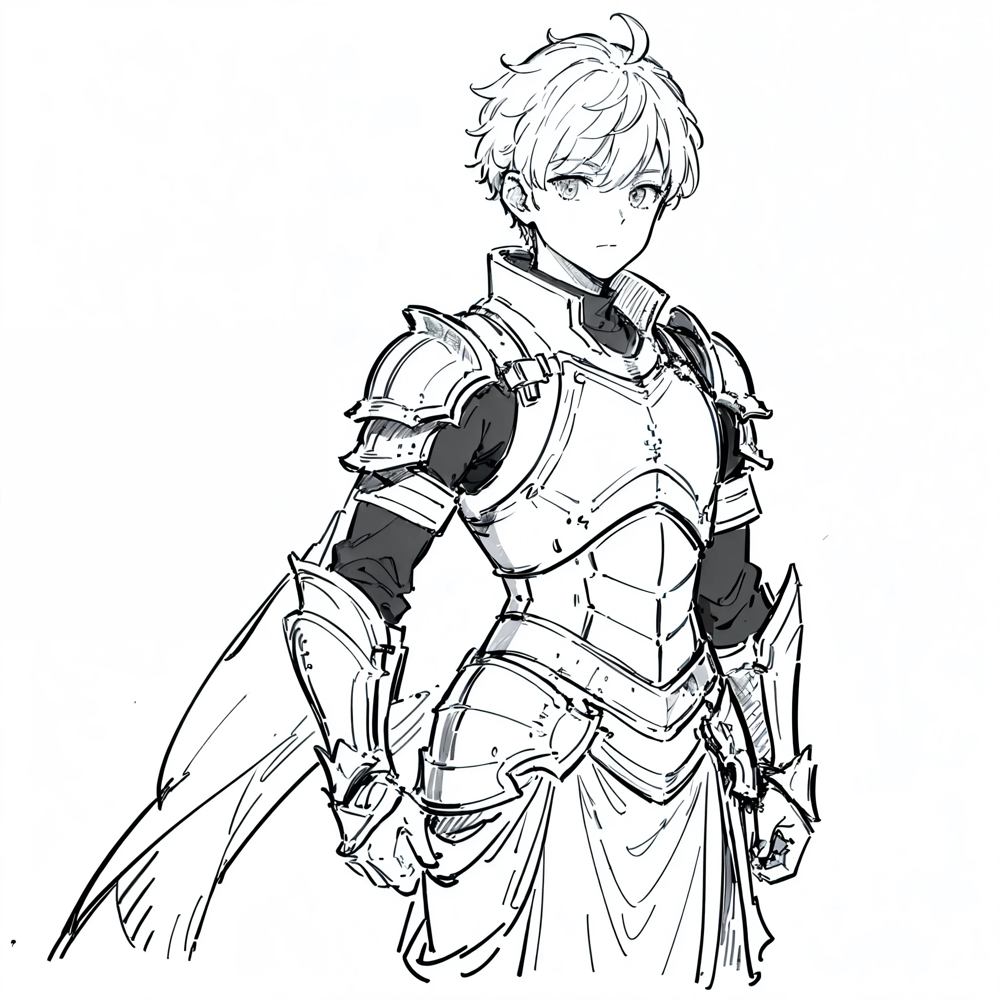 ((masterpiece)),(((best quality))),((((sketch)))),((monochrome)),(character design sheet), same character, front, side, back), illustration, (1 boy), hair color, bangs, hairstyle fax, (armor style), (simple background, white background: 1.3), --6