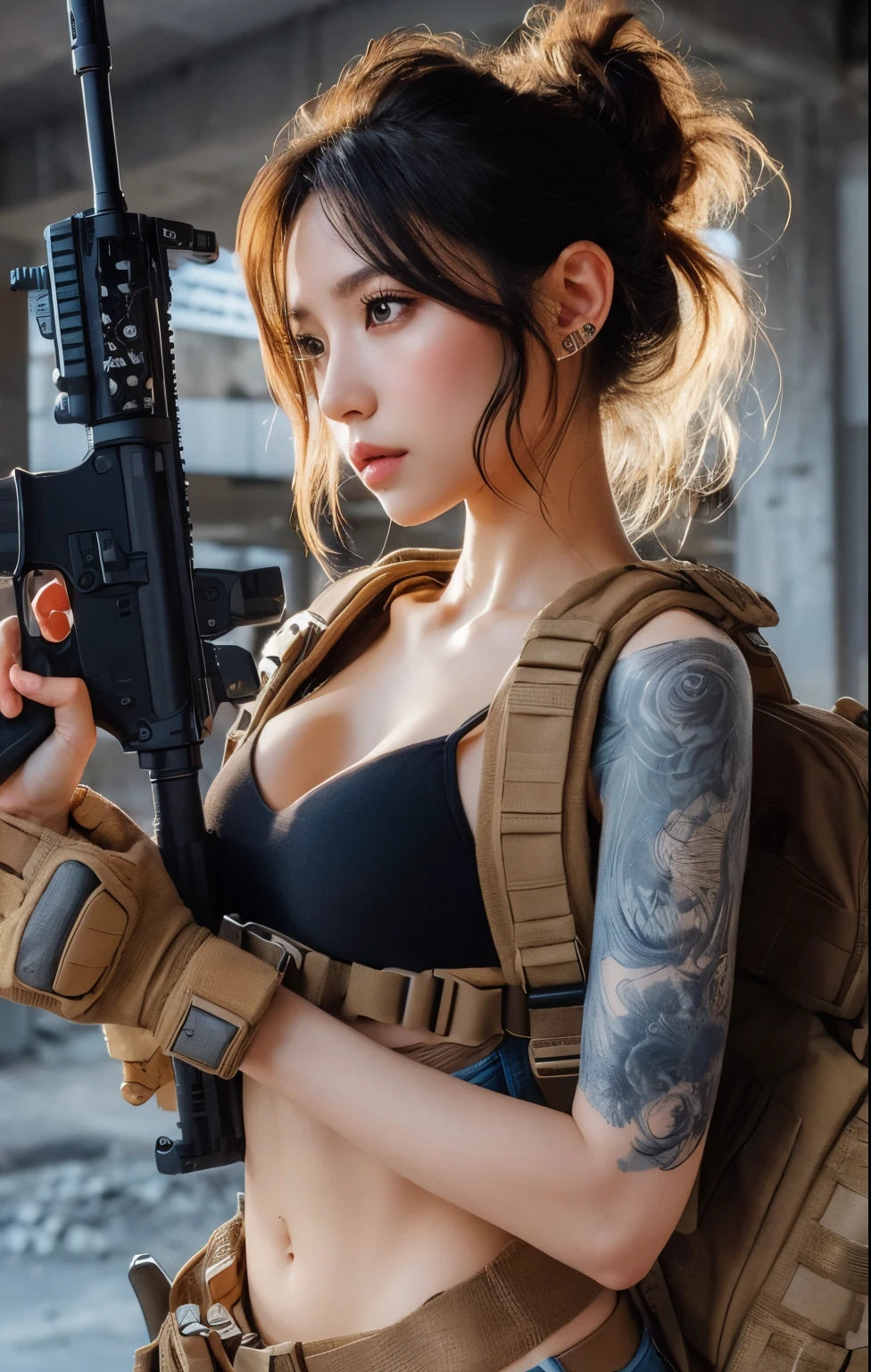 An ultra-detailed, photorealistic portrait with the best quality(highres:1.2) and a focus on realistic skin texture. The subject of the portrait is a person holding an automatic rifle. The rifle has a metallic material that reflects the light in a studio lighting setup. The portrait is rendered with sharp focus and vibrant colors to bring out the details in the skin texture and the metallic material. The overall color tone of the image is warm and inviting, with a slight bokeh effect in the background to create depth.