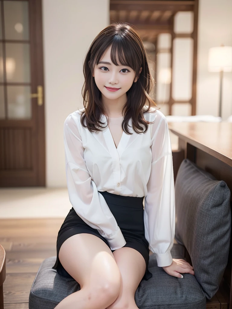 NFSW,In 8K,highest quality:1.4, Super high resolution:1.5, (realistic:1.4),masterpiece:1.2,(highest quality:1.4)、 RAW photo、 (background is blurry), 1 japanese girl, cute, (alone:1.4), (shy smile), smooth skin、 (brown medium hair,bangs),Nogizaka,supple fingertips,beautiful black eyes、dual、natural skin texture:1.3, Realistic eye and face details:1.7、medium breasts、daytime、tight buttocks:1.5、look at the viewer,(fine eyes:1.1)、cute、Thighs are visible、Sitting on a chair with legs crossed、Village maiden