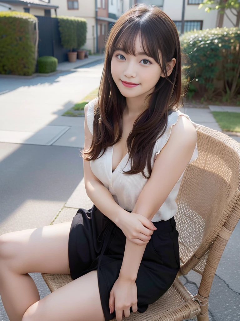 Japanese,Youthful, vibrant, elegant,upper body,Soft, natural lighting,Outdoor setting or studio with a natural backdrop,Bright and lively colors,focus on the hairstyle and facial features,Gentle and inviting expression,Contemporary fashion style,