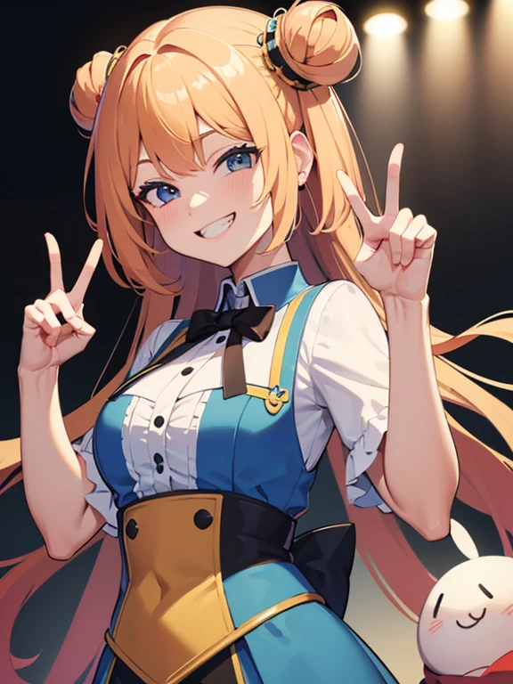 (masterpiece, high quality, high resolution, absurd, super detailed, 8k),Girl, (Inward facing double v sign)、(exact number of fingers)、upper body、smiley face, grinning
