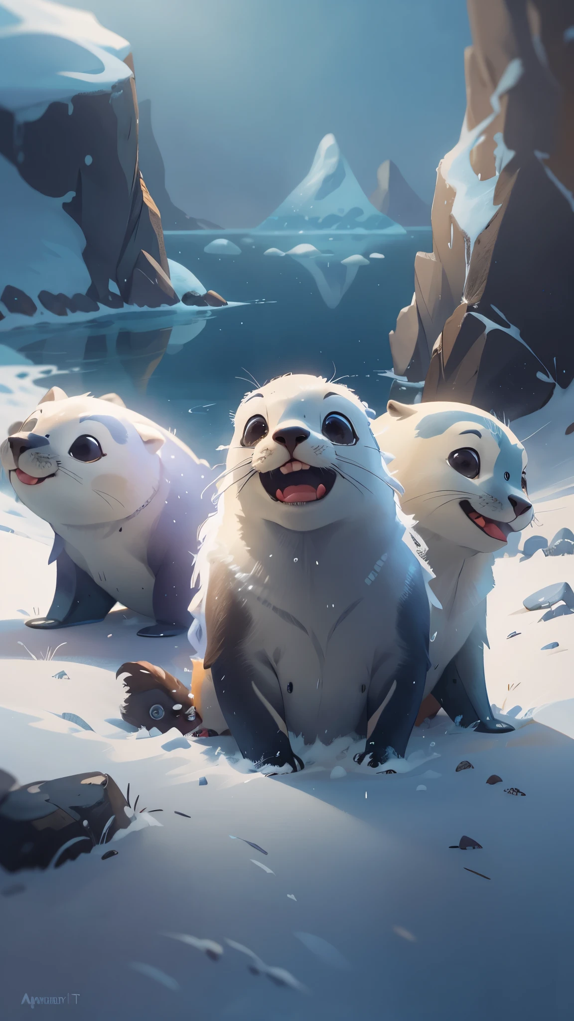 wild animals，masterpiece，Pixar style, best quality, stills, Cute seals，In Antarctica，，cinematic dramatic lighting, cool color open mouth，Very happy，high detail，Super details，high quality, masterpiece, precise，sharp focus, (Perfect reality and extreme details), Stunning fine details, ridiculous, hyper actual lifelike texture, dramatic lighting