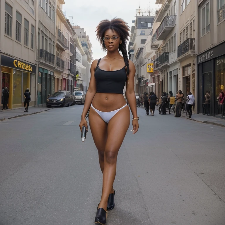 (( 20 year old black woman with glasses, Now she's walking down a busy street in a city, american style special police costume police costume to a city ,holding a special weapon in his hands, city war scenario on fire inside on top of it is a ship ,space alien falling in flame , Arte Vista de Corpo Inteiro, plano completo, Vista frontal, de personagem, pontos de vista, um personagem, corpo inteiro, personagem com menos, estilo de roupa, no mesmo Estilo de cabelo, less Type of footwear, FORTE )):: ((full body view, plano completo, Vista design de personagem, pontos de vista, de um personagem, corpo inteiro,, personagem com menos, estilo de roupa, no mesmo Estilo de cabelo, less Type of footwear)):: Uma mulher Moreno de uma mulher seios ,cabelo afro caindo para a frente, Tipo Rasta, but braided, com belos seios corpo perfeito com , a wide thigh is a beautiful woman, com seios lindos corpo perfeito, uma coxa larga, um destino com ,sexual expression, erotismo (fundo Branco liso ) obra-prima, 4K, HD, Ultra: (melhor qualidade, 4k, 8K, high resolution, arte: 1,2), ultradetalhada, (realista, fotorrealista, fotorrealista: 1,37)