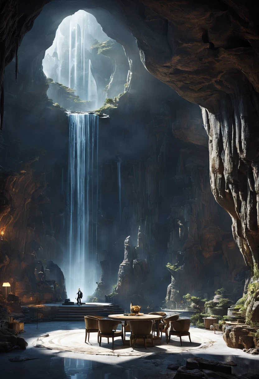 地下cave樓梯.Have a leisure space，Room with waterfall, fantasy setting, Luxurious environment, 地下cave环境, In a futuristic desert palace, 美丽的奇幻cave场景, futuristic setting, A cozy space hidden in a cave,Surreal sci-fi set design and various leisure equipment, Inside a cave, Beautiful aesthetic design, star wars setting, cave, Inside a cave, cave镇, cave环境照明