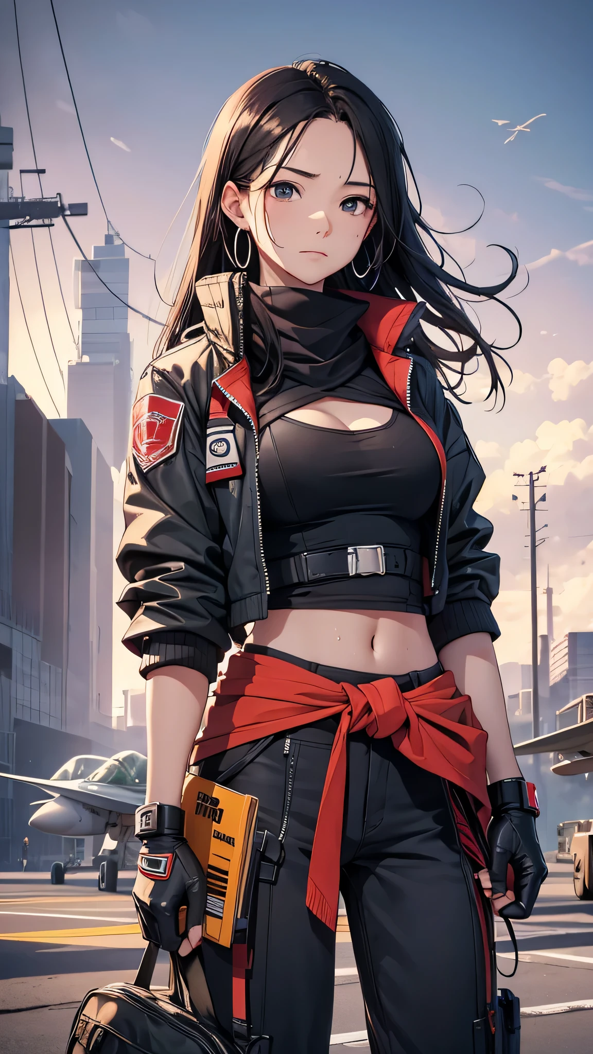 最high quality、best image quality、masterpiece、teenage girl((18-year-old、 By becoming、vest bust、medium bust,wide open breast tea、black eye, black hair、long hair、thin,highest valley、Perforated gloves、blue earrings、bandana、black stretch work clothes、red work pants、have work tools、the whole body gets dirty、At work、serious face、sweating、wrap the jacket around your waist)),high quality、beautiful art、background((fighter jet、hangar)),debris flies、Depth of written boundary、movie、visual art、perfect art、8K,genuine