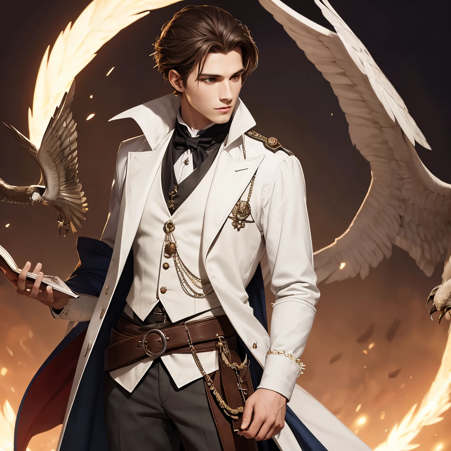 Dnd character. Noble 23 years old man. Fancy outfit, white shirt, gilet, pocketwatch. Conjuration wizard. Falconer's bracer