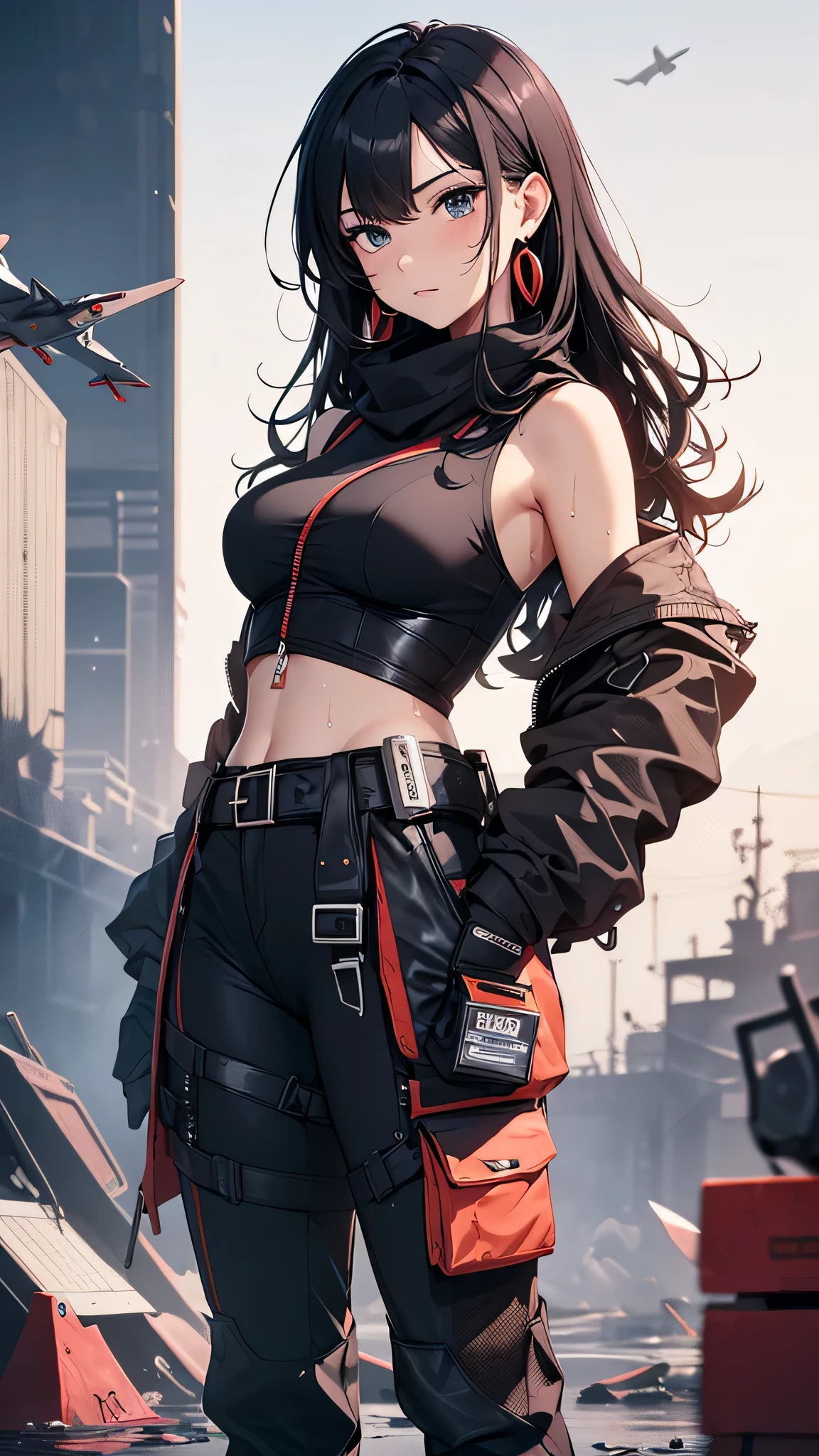最high quality、best image quality、masterpiece、age girl((18-year-old、 By becoming、vest bust、medium bust,wide open breast tea、black eye, black hair、long hair、thin,highest valley、Perforated gloves、blue earrings、bandana、black stretch work clothes、red work pants、have work tools、the whole body gets dirty、At work、serious face、sweating、wrap the jacket around your waist)),high quality、beautiful art、background((fighter jet、hangar)),debris flies、Depth of written boundary、movie、visual art、perfect art、8K,genuine