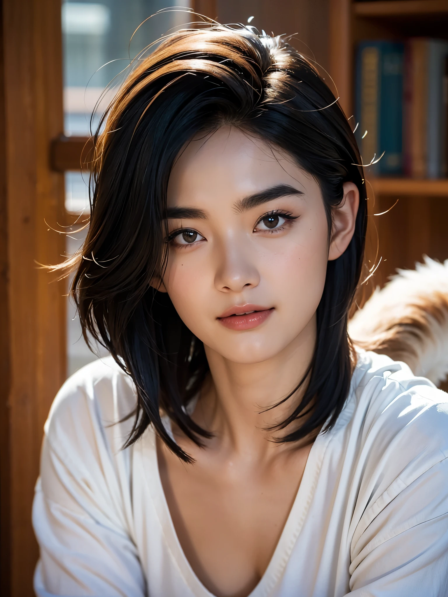 (A close-up of a wild and beautiful woman wearing a white shirt in black and white), (super short hair: 0.8), (slightly lowered head: 0.65) young and wild Asian face, somewhat mixed race face, (closed mouth pursed laughter), (fox like eyes half squinted: 1.2), (squinting the corners of the eyes slightly upward), thick straight eyebrows, with sharp edges on the eyebrows, (slightly square chin: 0.4), (lazy), a bit like Vivian, Perfect face, expressive hair, very fluffy and full hair on top of the head, slightly narrowed slender eyes, like the eyes of a fox, tsurim, torogao,
Anime style, contrast between light and dark, denim lens, ultra-high definition, masterpiece, accuracy, textured skin, super details, high detail, high quality, award winning, best quality, premium, 16k,